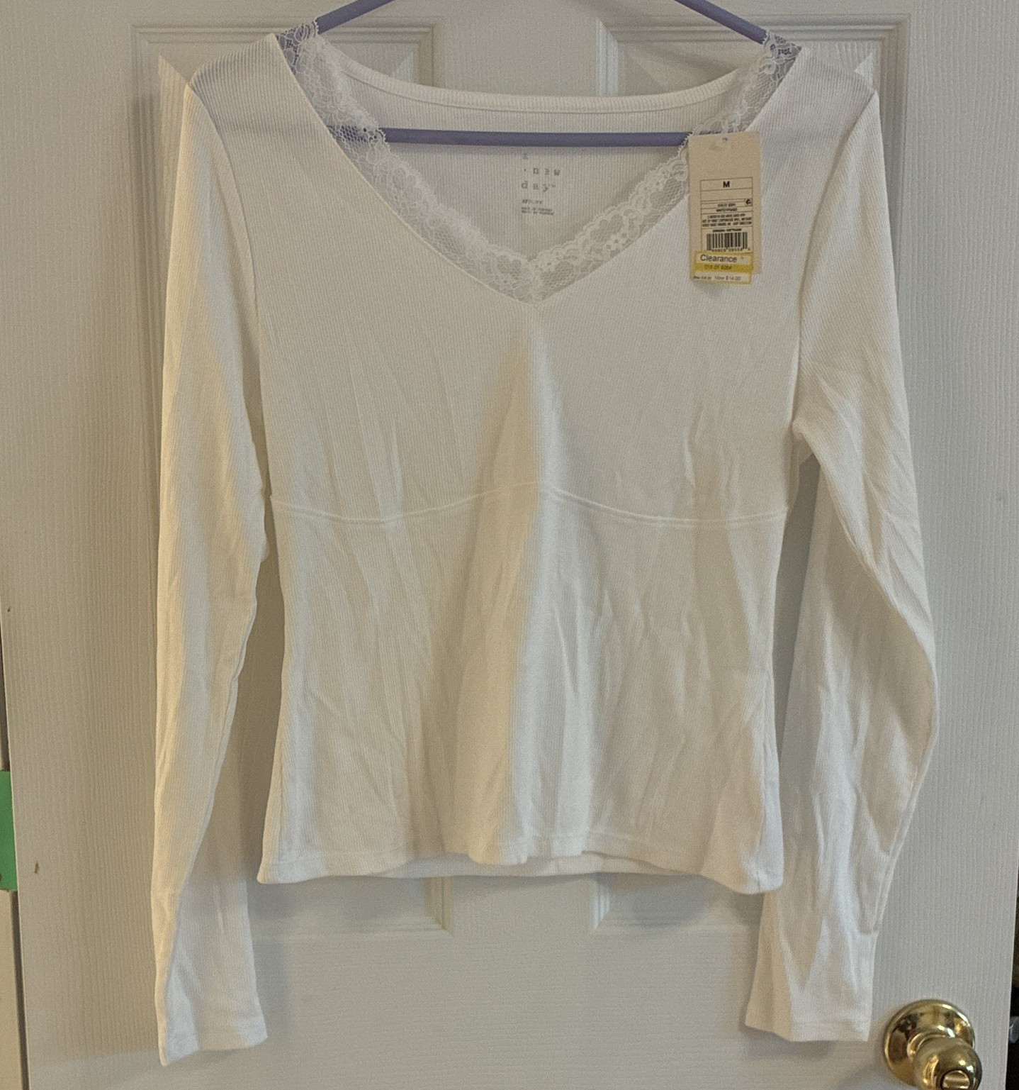 A New Day White Ribbed Knit Lace Trim V-Neck Long Sleeve Stretch Top M