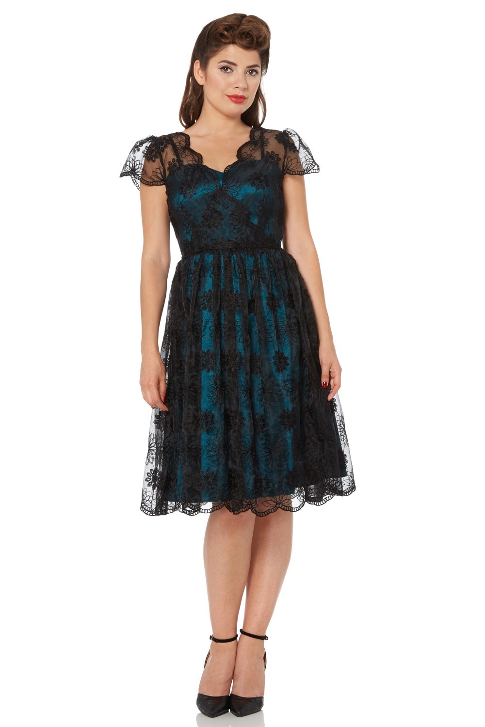 VOODOO VIXEN RETRO PIN UP 50s MAY TEAL LACE OVERLAY TAFFETA BLUE DRESS DRA8085