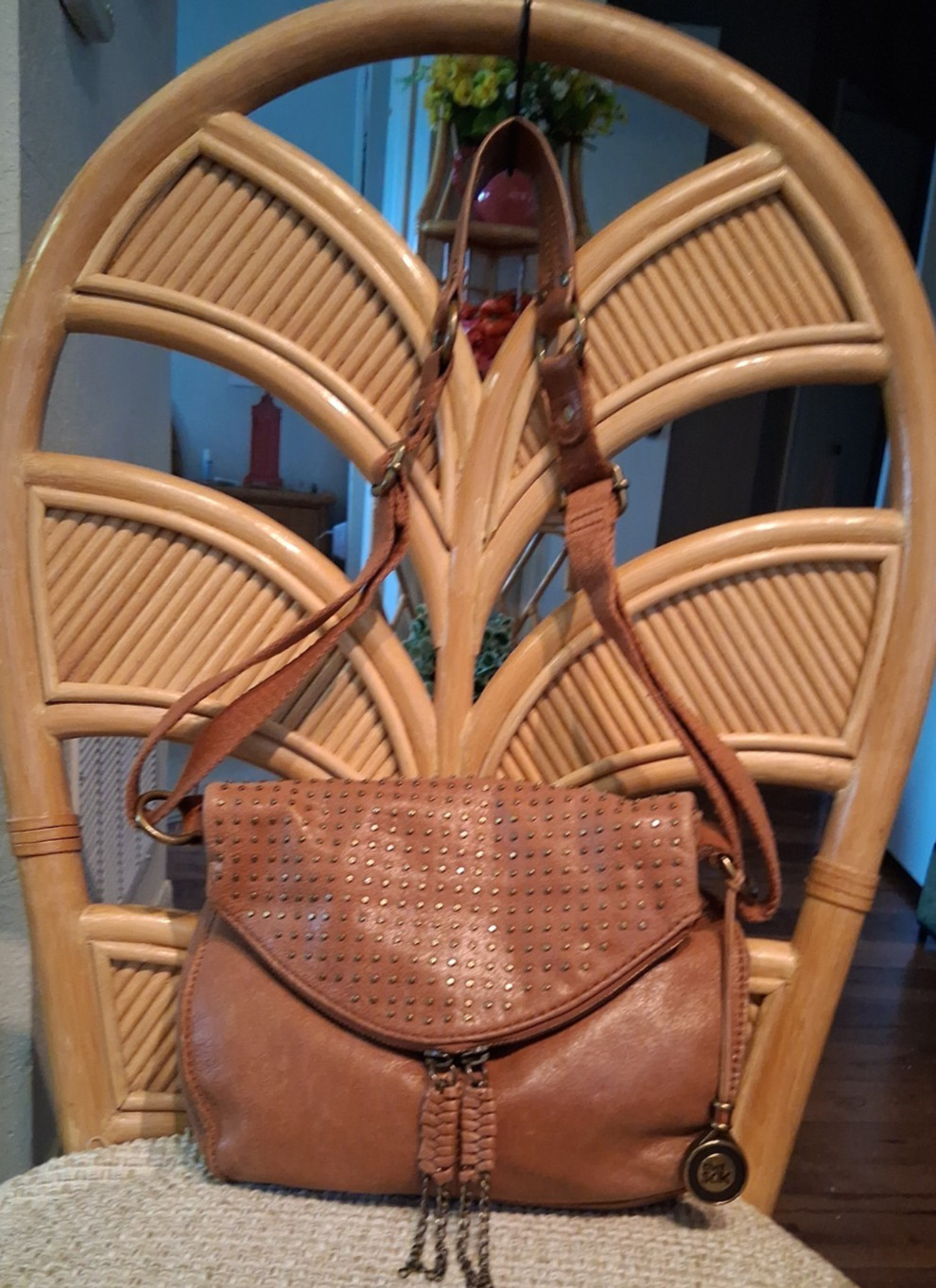 The Sak Tan Leather Studded Adjustable Foldover Zip Magnetic Close Shoulder Bag