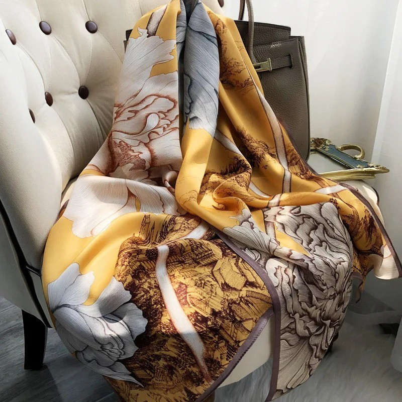 180X80Cm Large Print Silk Scarf Women Luxury Satin Shawl Wrap Hijab Bandana Beac