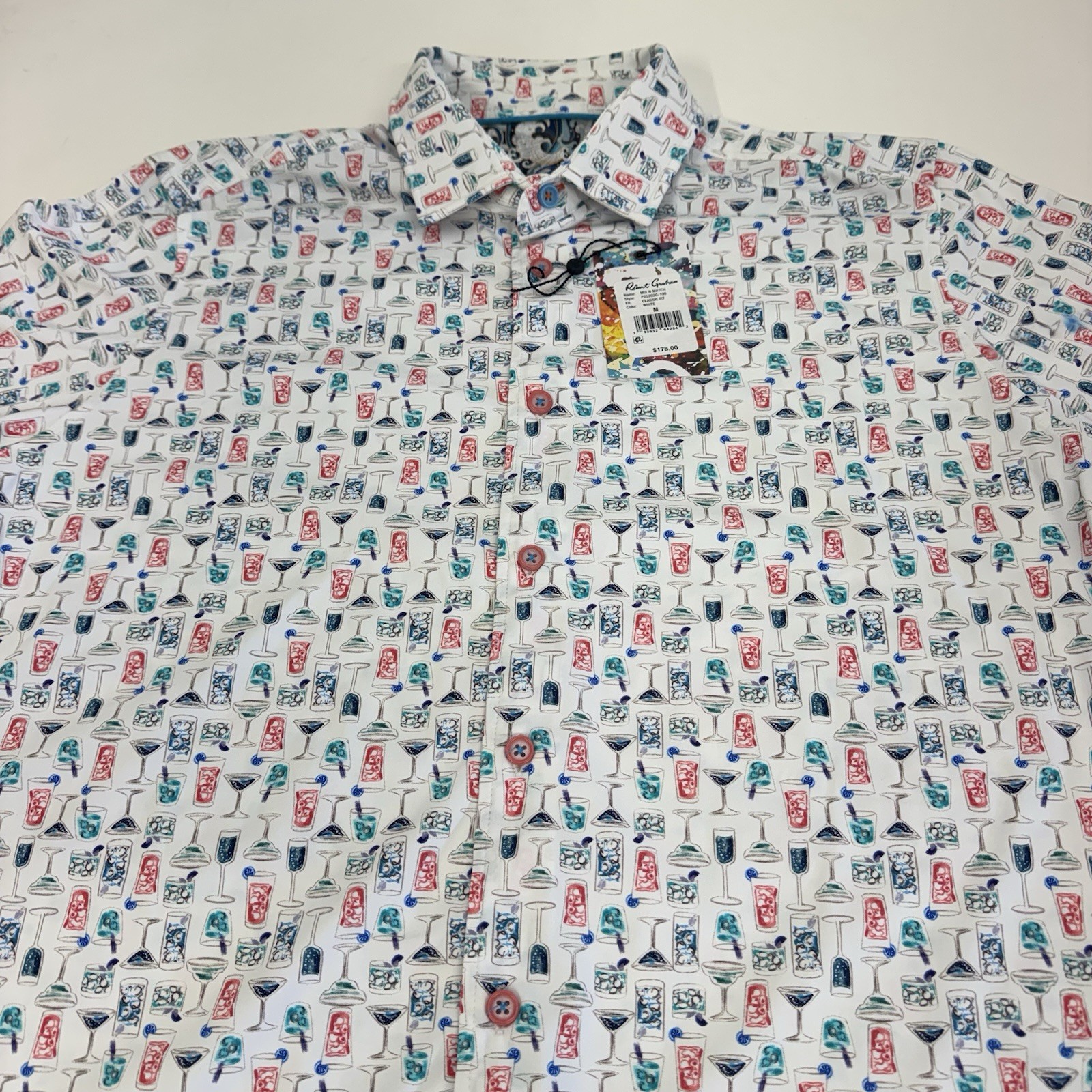 NWT Robert Graham MIX N MATCH Cocktail Martini Print Button Shirt White MED $178
