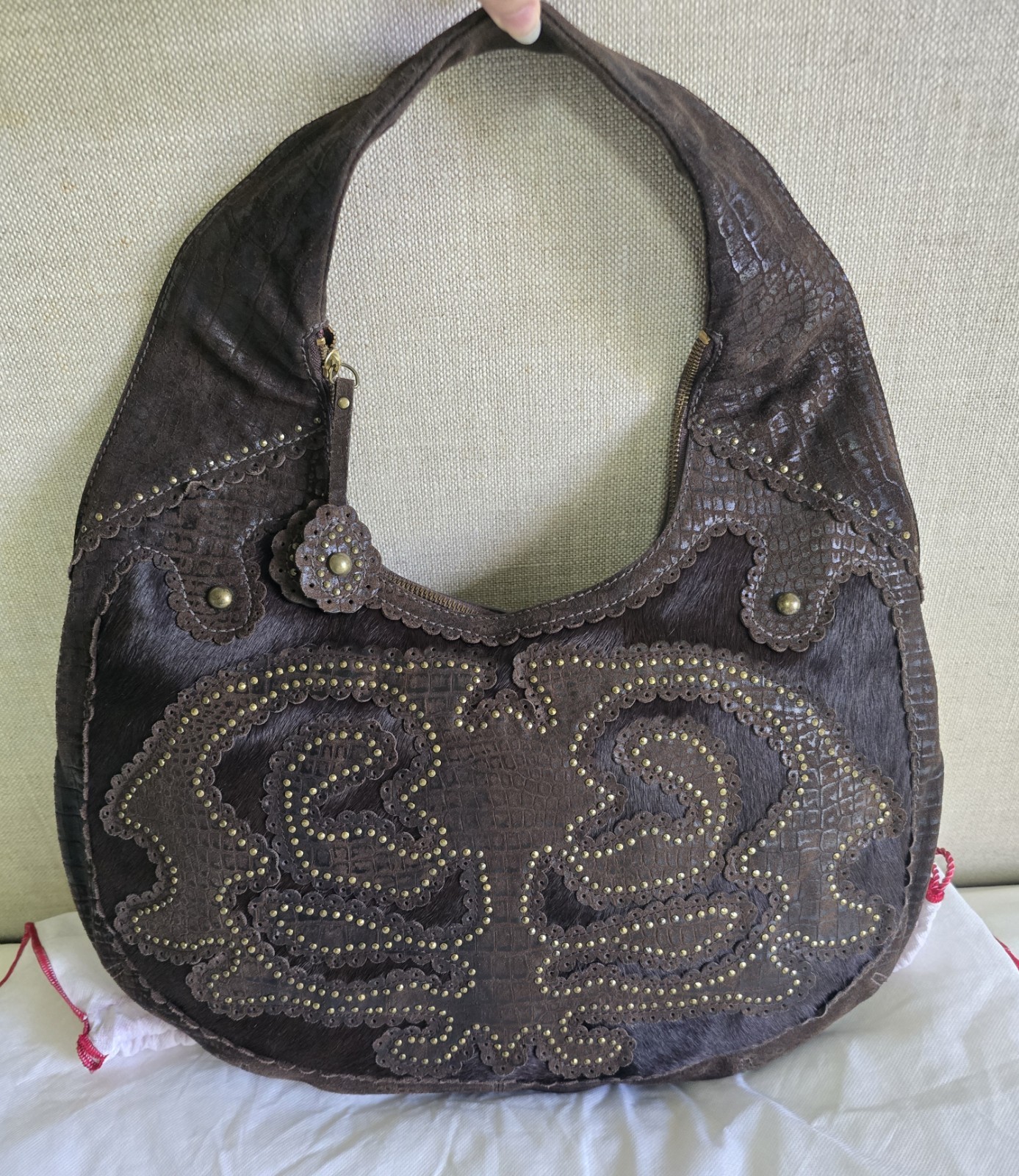 Isabella Fiore NWT, Brown Leather/Calf Hair Studded Hobo Bag, Aldic Ging RARE