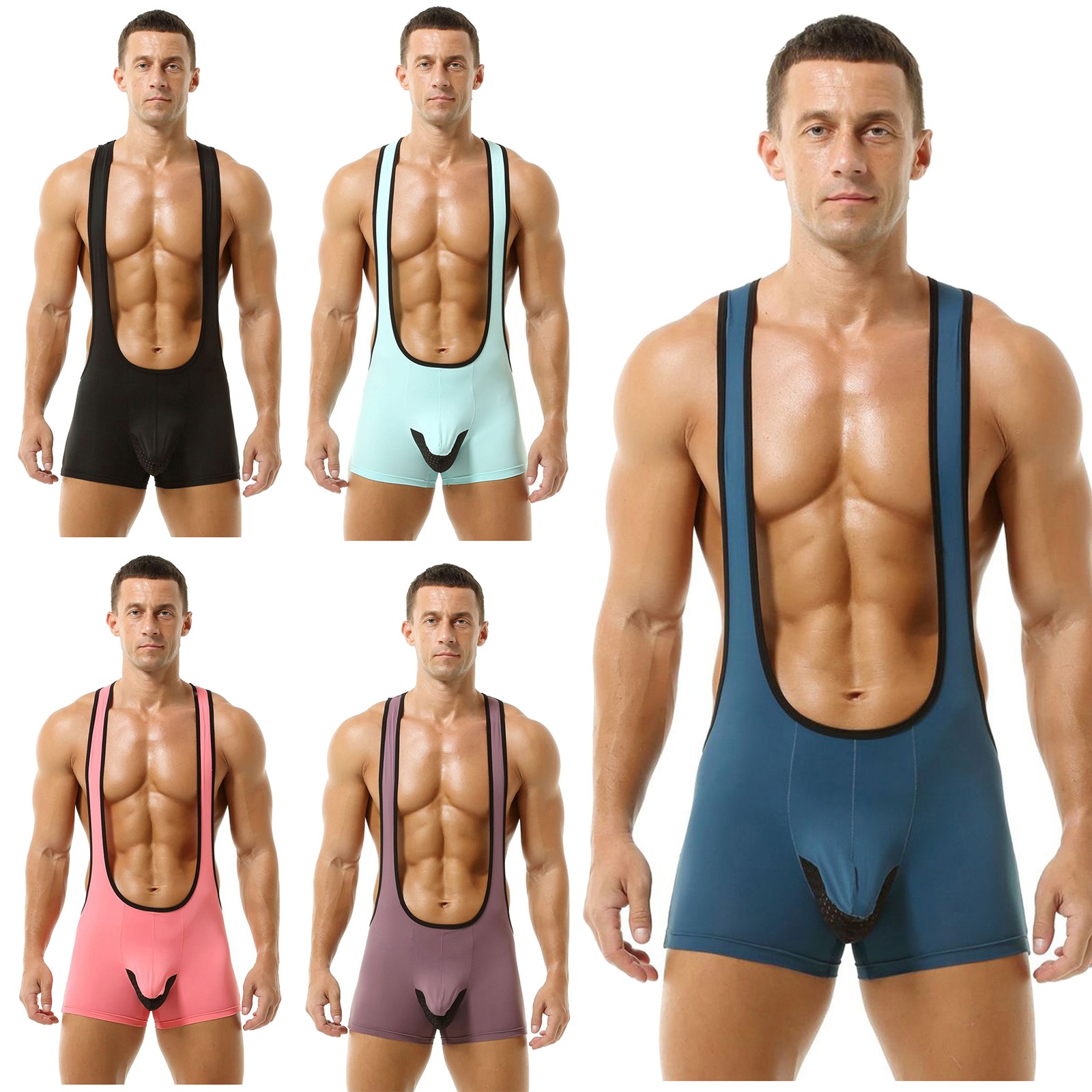 Men’s Bodysuit Fitness Jumpsuit Deep U-Neck Wrestling Singlet Base Layers Gym
