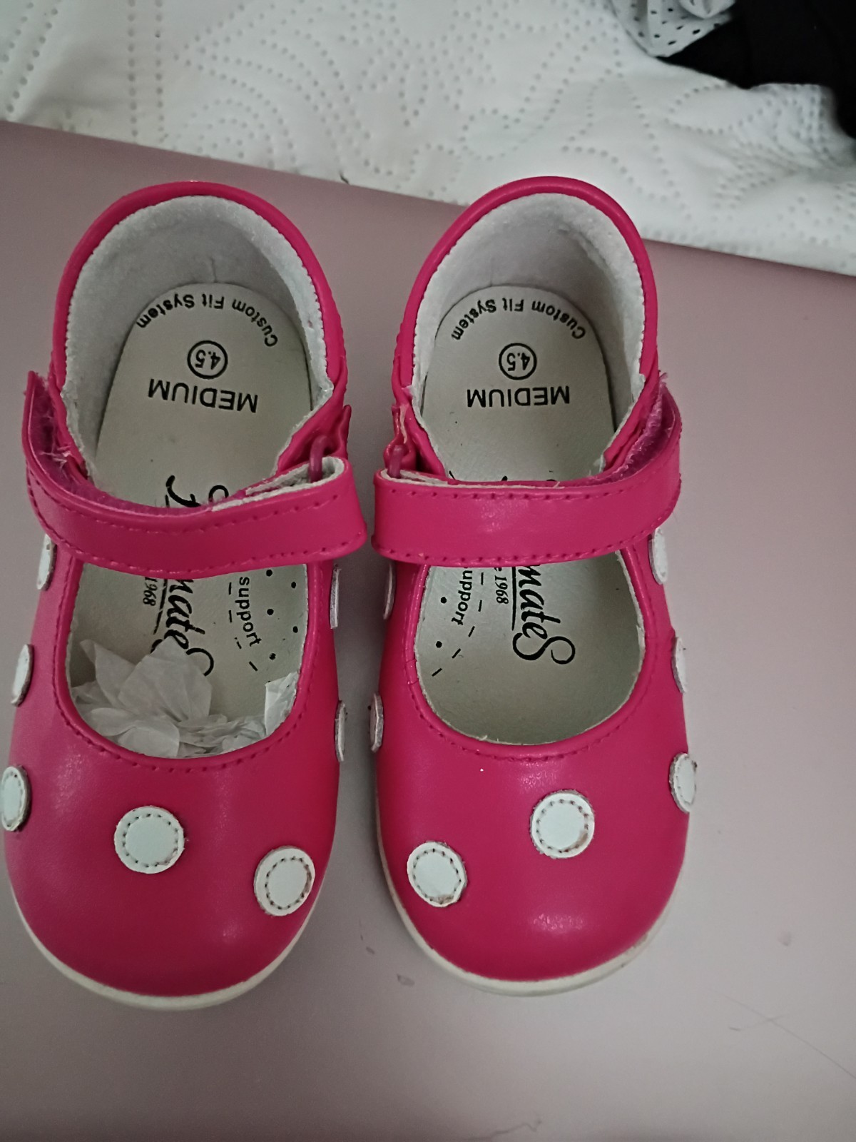 Footmates Pink/White Polka Dot Mary Jane Girls Shoes Hook & Loop Strap 4.5
