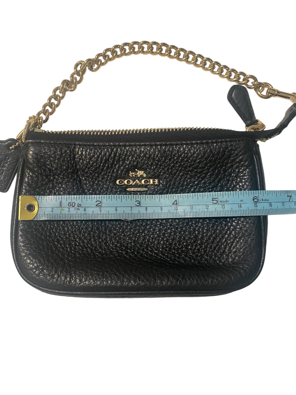 Coach Nolita 15 Clutch Black Pebbled Leather Wristlet Pouch w/ Gold-Tone Chain