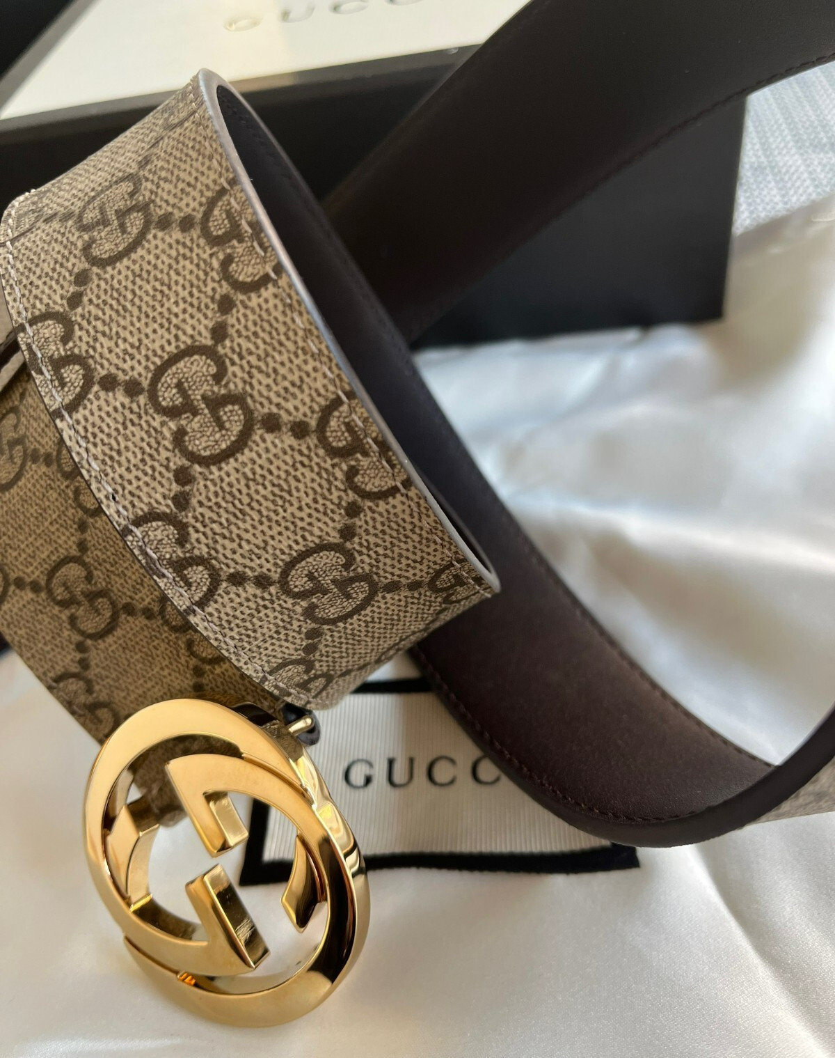 Gucci Gold Buckle GG Monogram Supreme Brown Leather Belt Size 85 cm Fit’s 28/30W