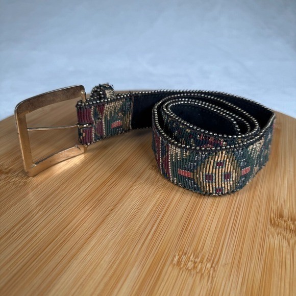 Vintage Absolutely Fresh Woven Tapestry Belt Womens Gold Buckle 33.5in Bohemian