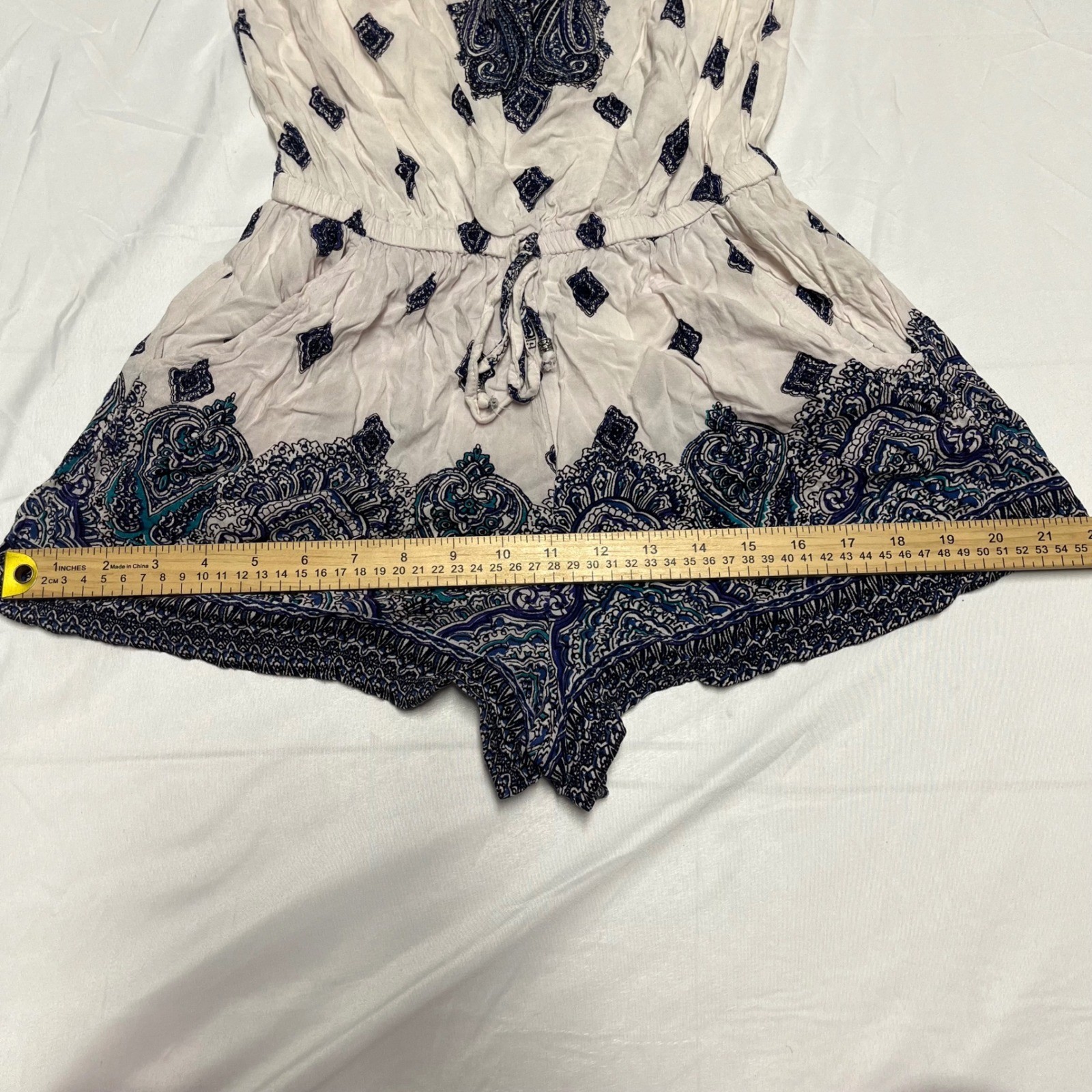 Blue White Paisley Strapless Romper Rayon Small
