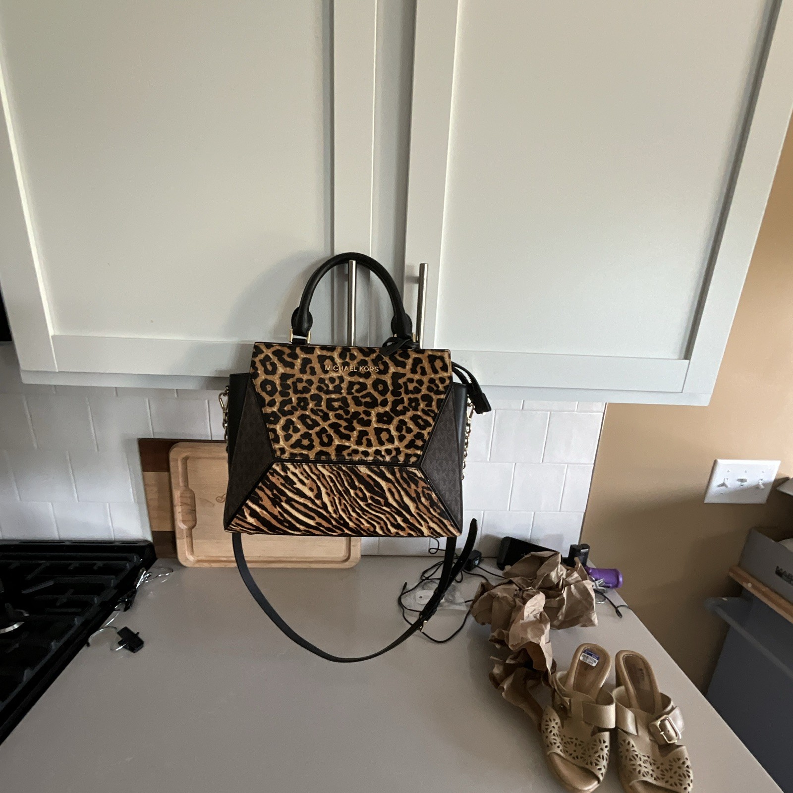 Michael Kors Black Leopard Print Satchel Top Handle Bag Zip Gold w/ Strap Charm