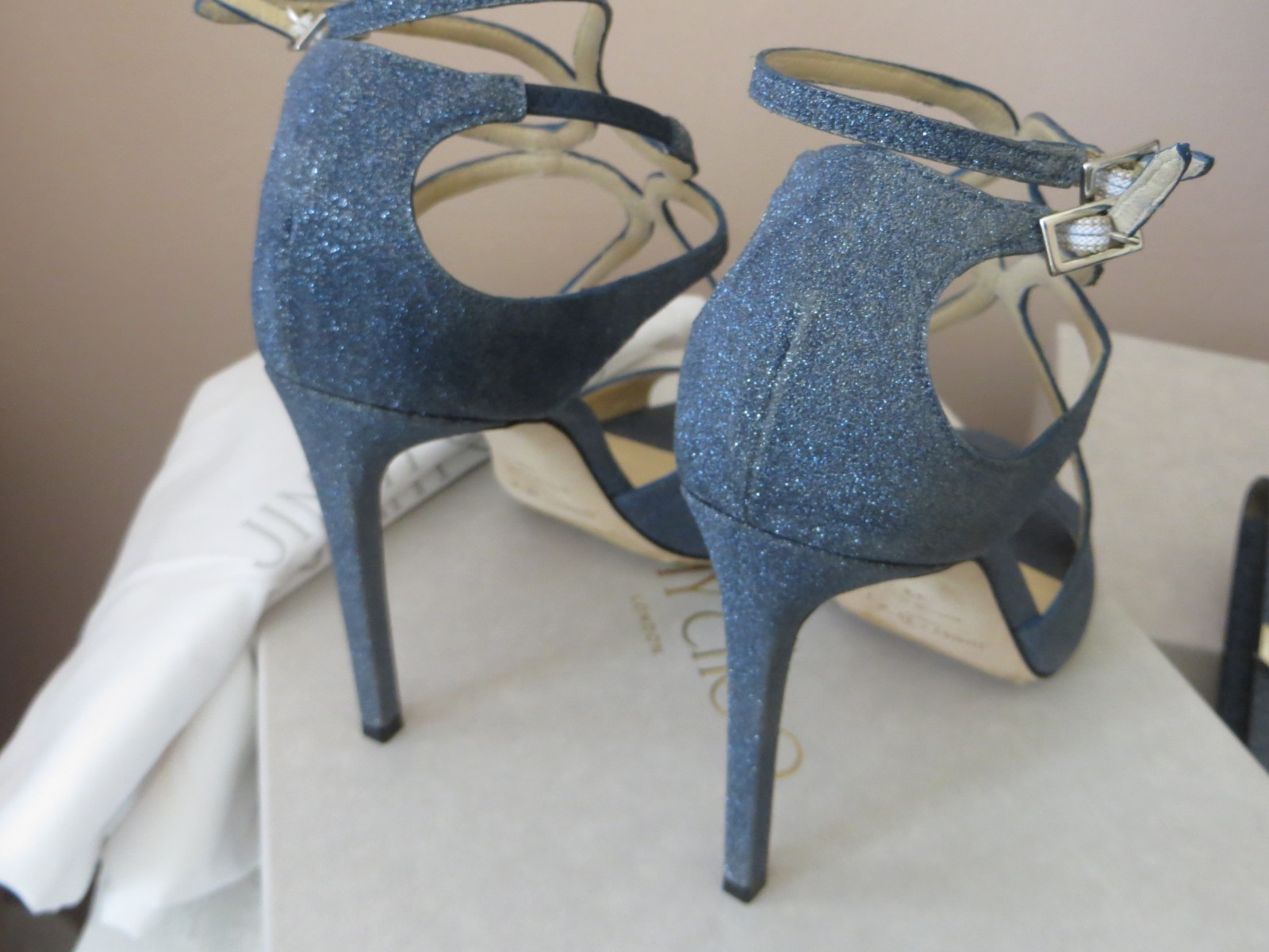 Pre-Owned Jimmy Choo Blue Fine Glitter Strappy Lang Sandal Heels 39M