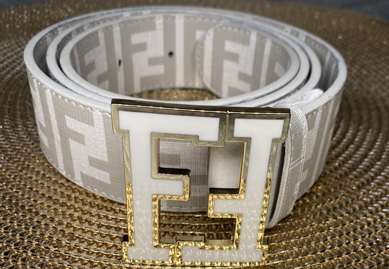 FF Monogram Fashion Belt White Gray Gold Tone F Buckle Size 36/45