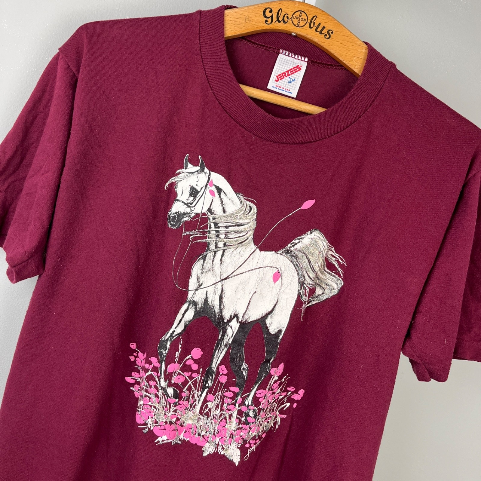 Vintage 80s/90s Jerzees Graphic T-Shirt Unisex L Horse Floral Glitter USA