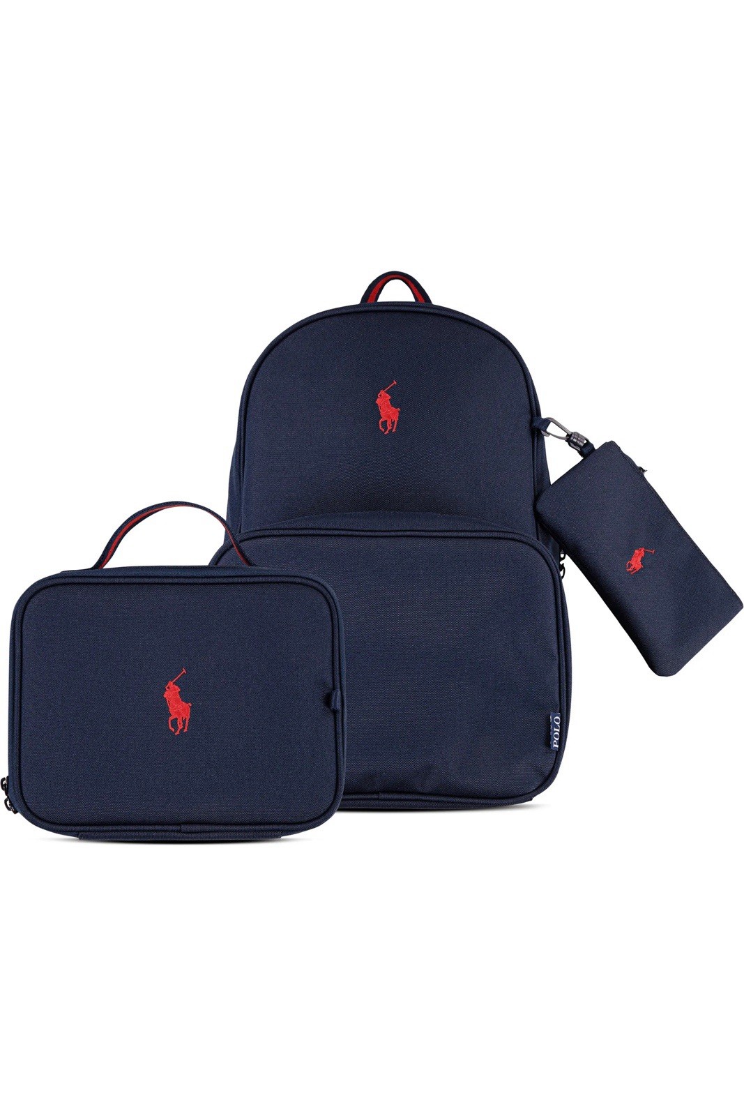 Set Of 3 Pcs., Polo Ralph Lauren Durable Navy Backpack & Lunch Box &Pencil Pouch