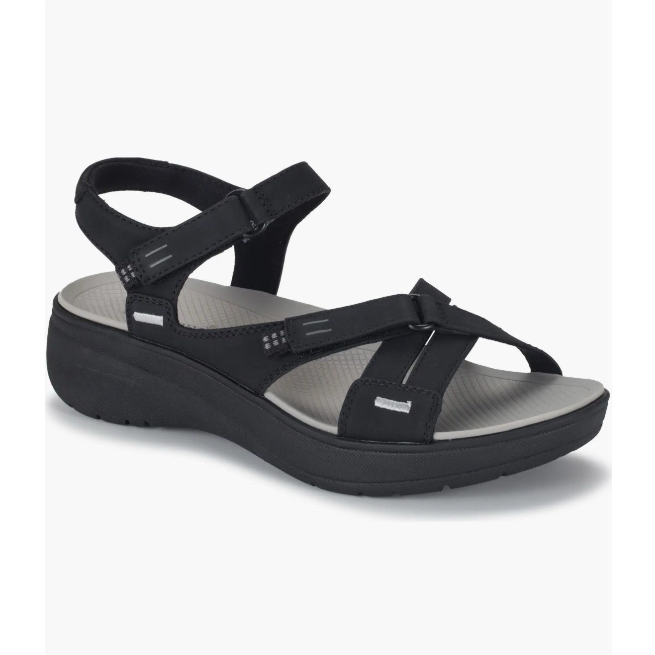 Baretraps Women’s Black/Gray Strappy Wedge Sandals Hook & Loop Comfort 9