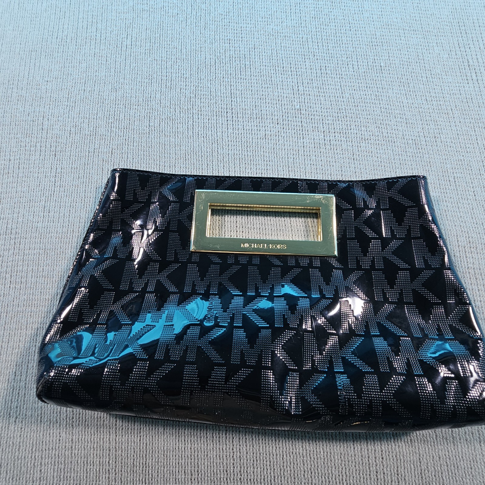 Michael Kors MK Monogram Zip Clutch Pouch Black/Blue Gold Hardware Mirror