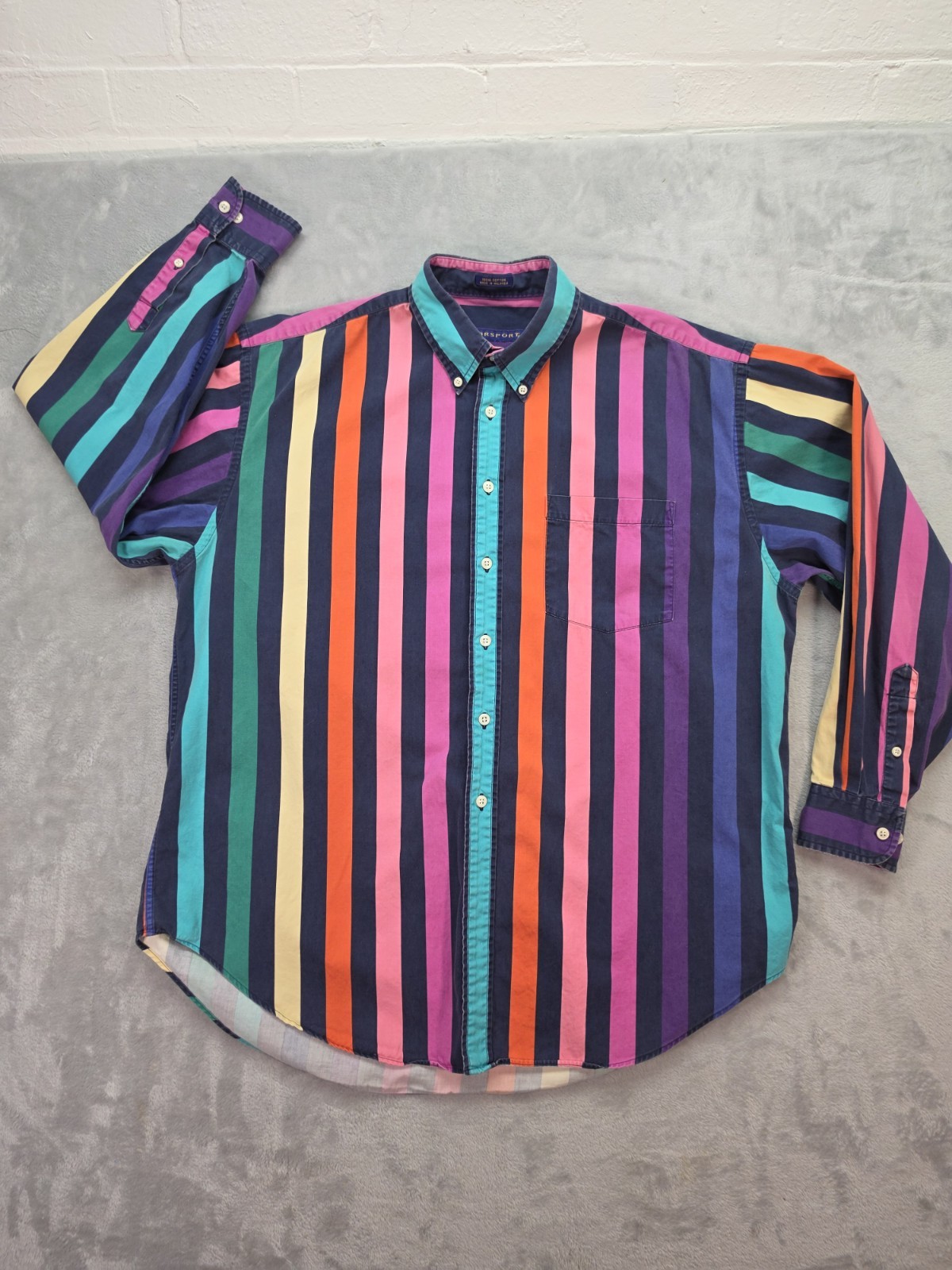 Norsport Button Down Shirt Rainbow Stripe Long Sleeve Cotton Large L Vintage