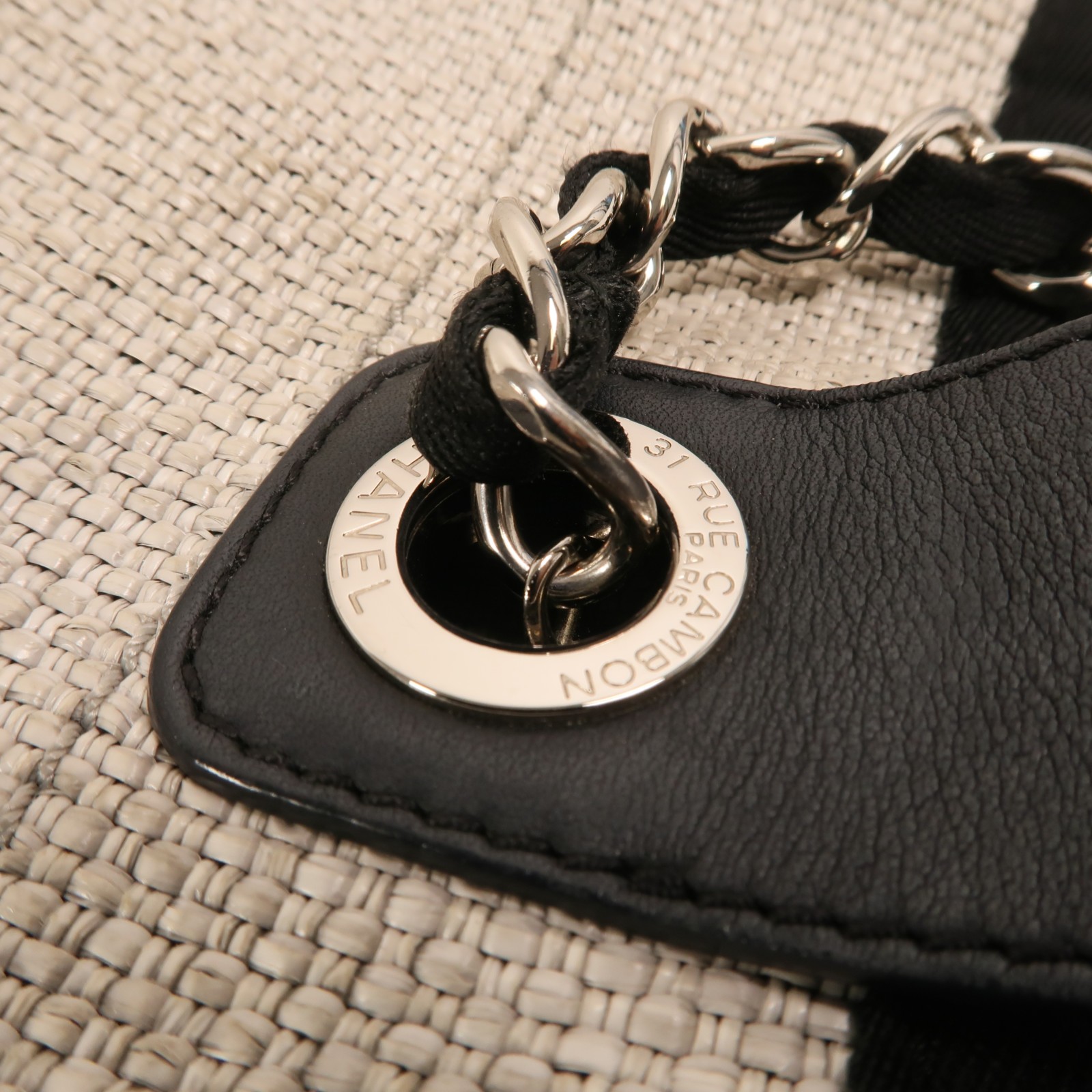 CHANEL CC SHW Deauville Tote 2 Way Chain Shoulder Bag Canvas White