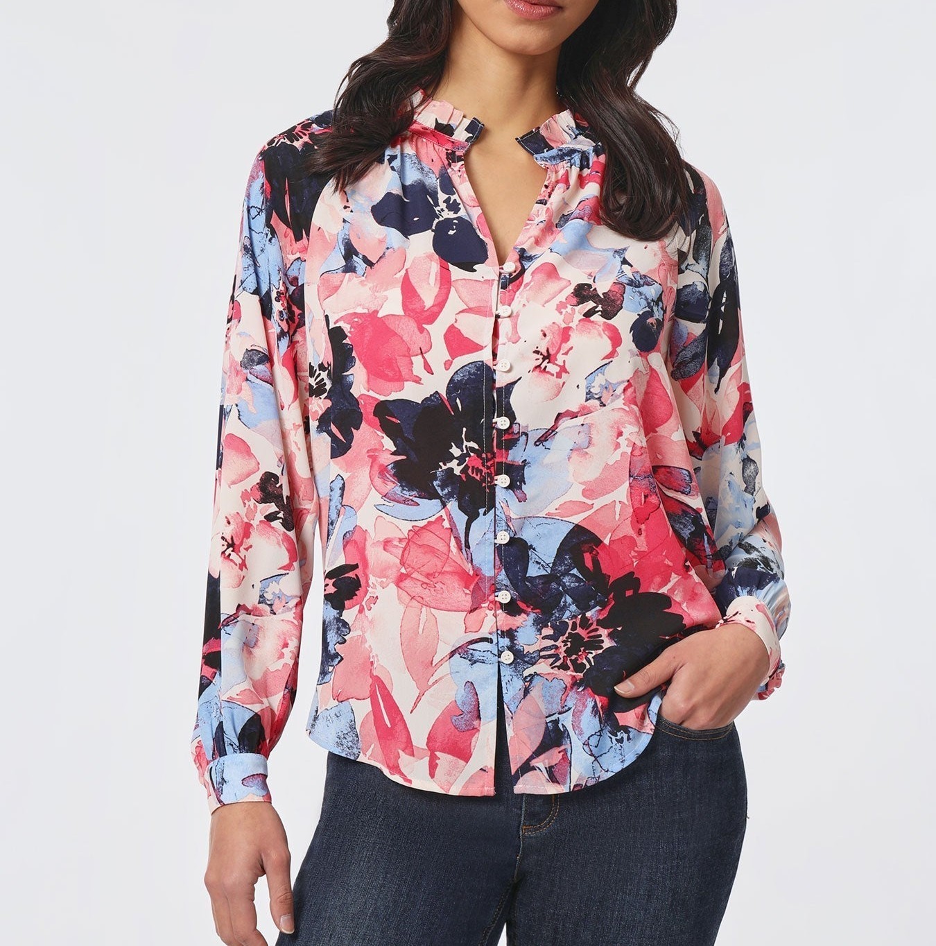 Jones New York Women’s Size S Floral Long Sleeve Fresh Guava Multi Blouse NEW