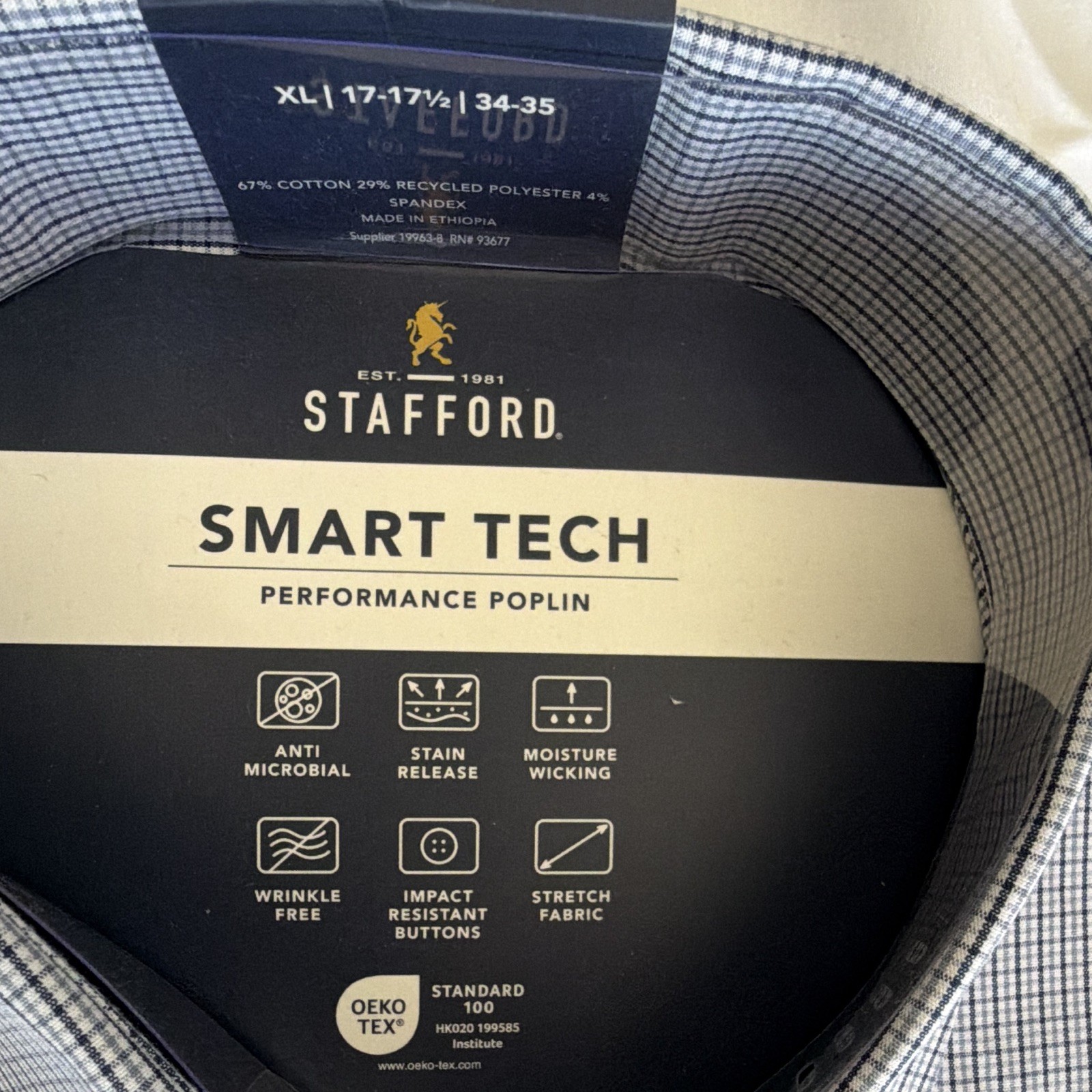 Stafford Smart Tech Poplin Grid Dress Shirt Blue XL 17-17.5 34-35