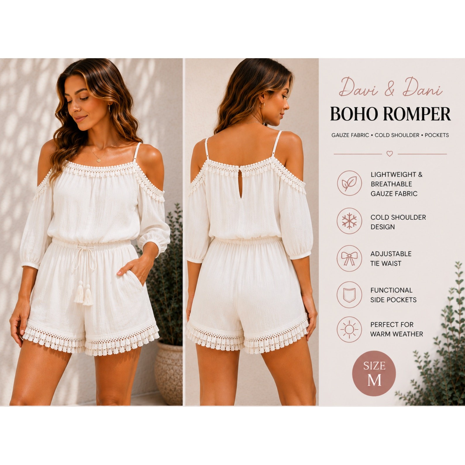 Davi & Dani White Off Shoulder Boho Romper Tassel Fringe Crochet Trim NWT M