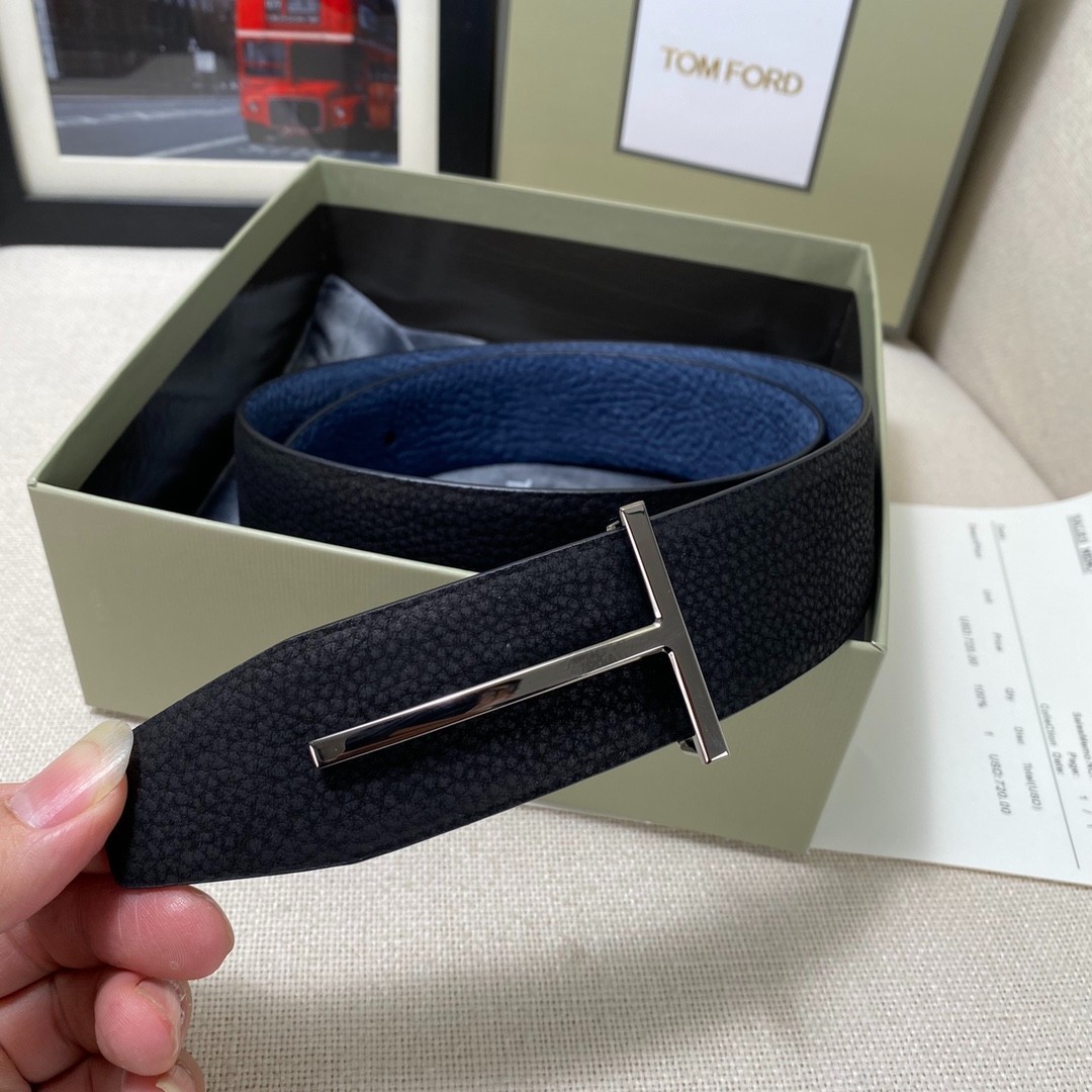 Tom Ford Belt Reversible T-Silvery Buckle Black/Blue Calfskin Leather Belt