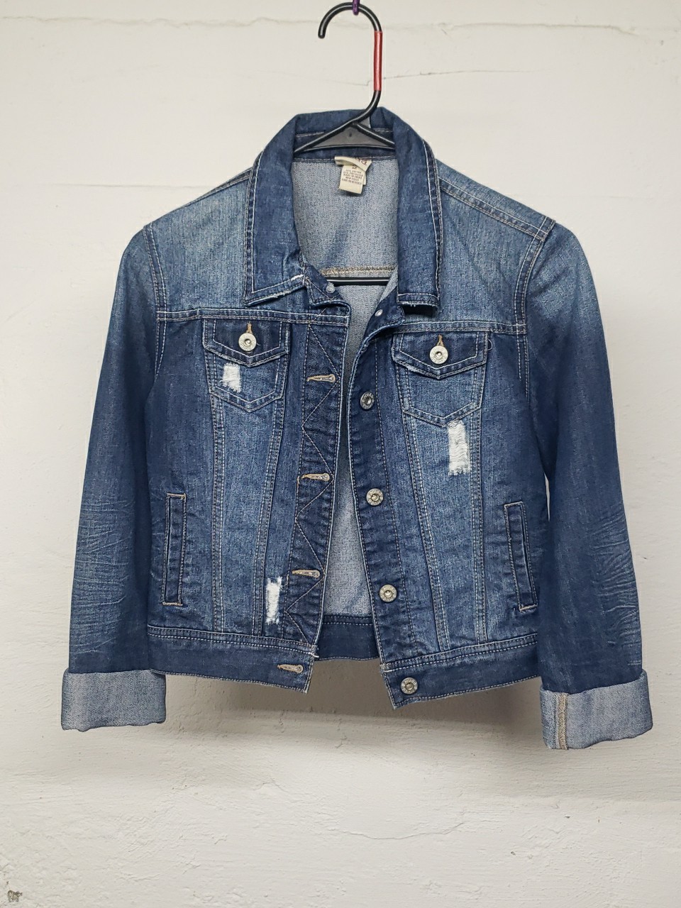 Mudd Women’s Denim Half Jacket Distressed Trucker Blue Cotton Blend Medium C12