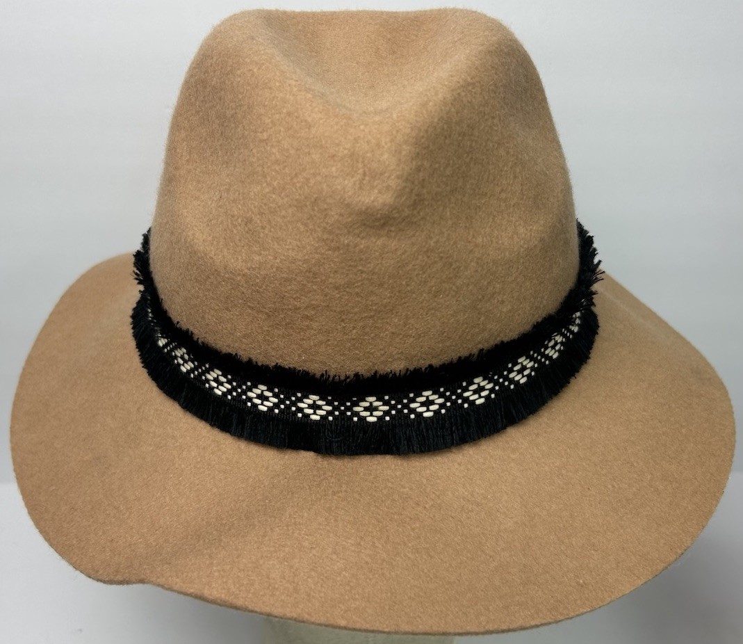100% Wool Fedora Hat Tan Brown Wide Brim Black Band One Size Boho Western