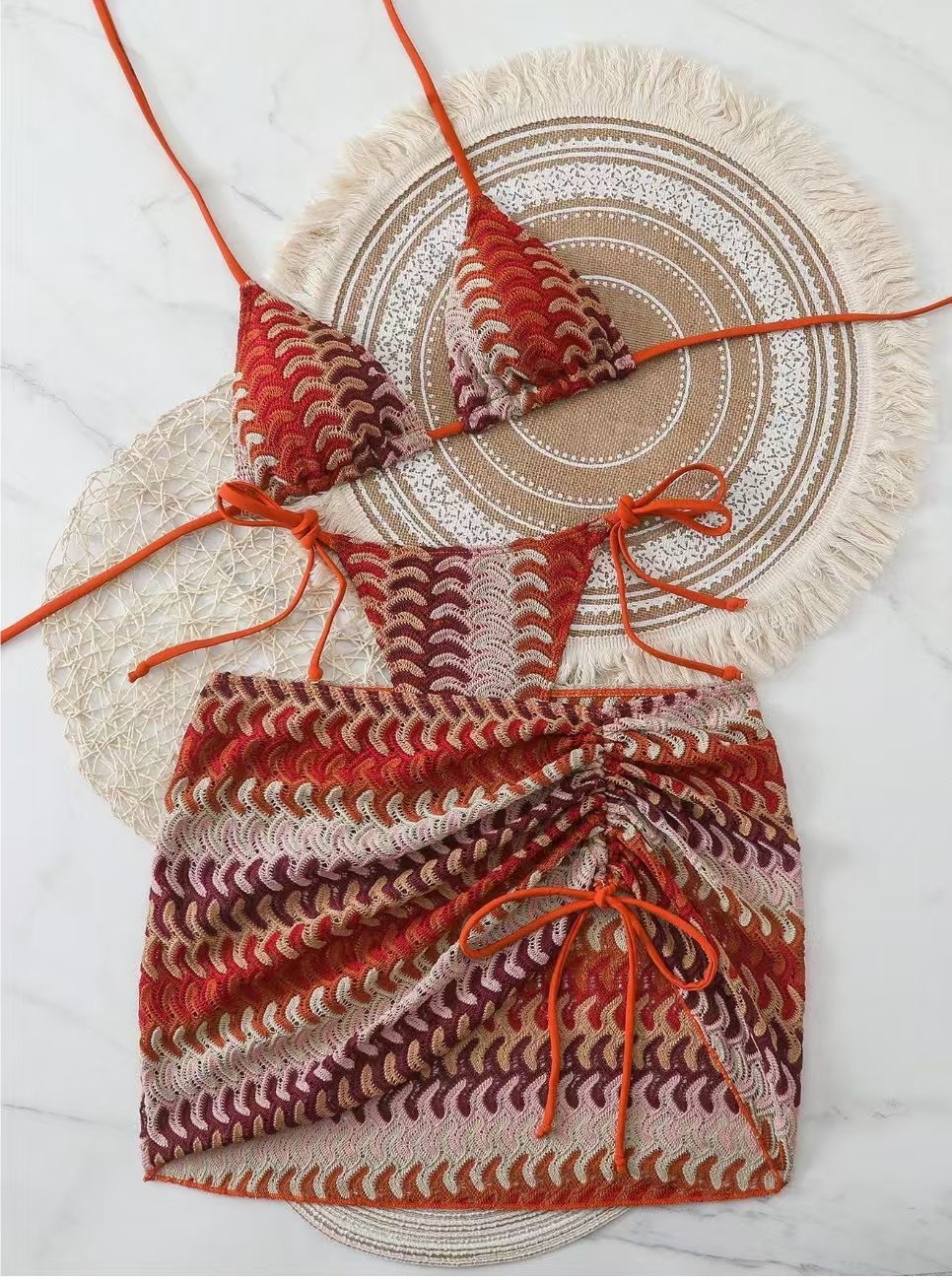 3Piece Wave Print Halter Bikini Set With Drawstring Cover Up Skirt WomenSwimsuit