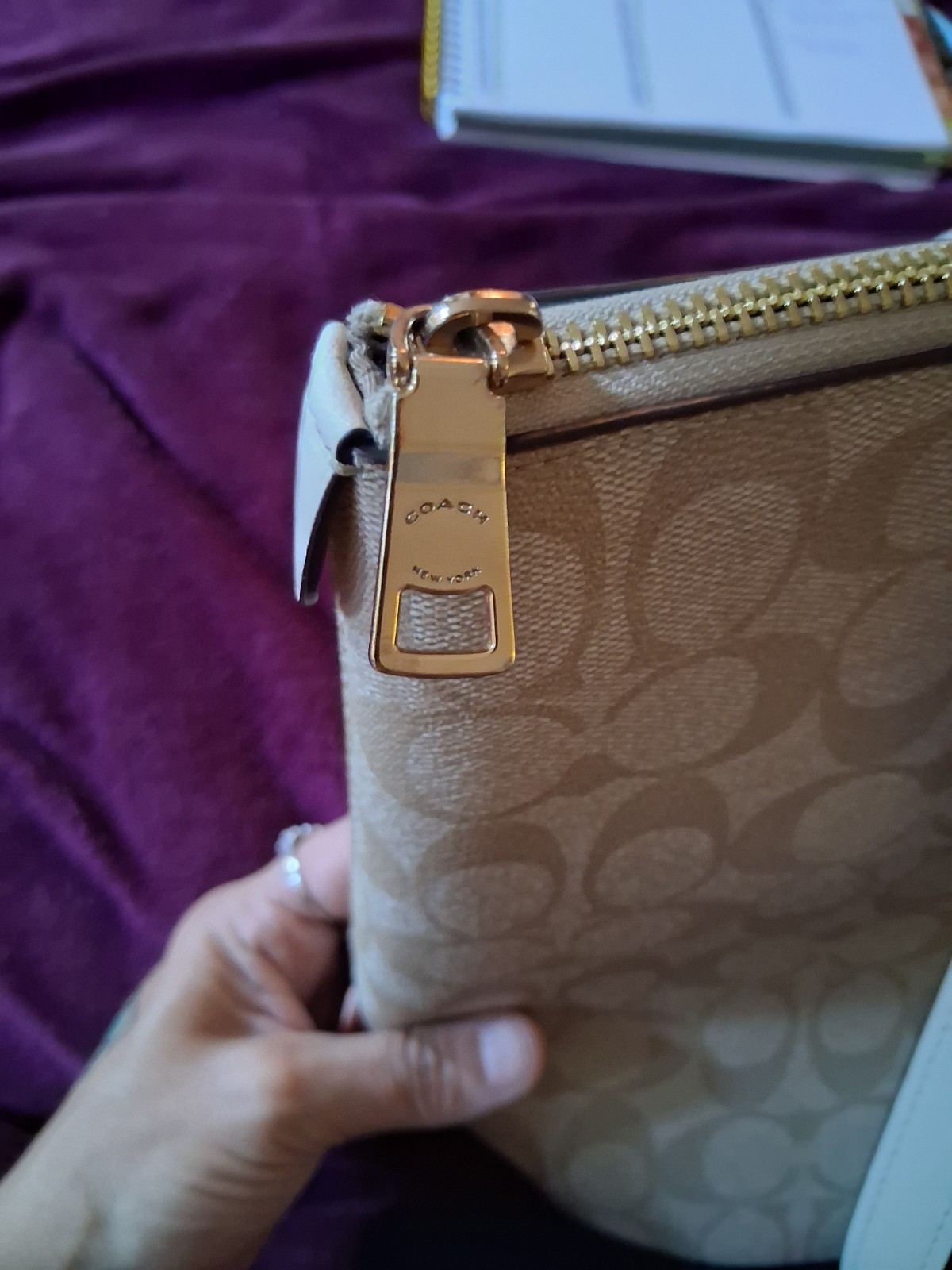 Coach CH504 Cream, Tan Canvas and Leather Signature Gallery Tote Bag Purse