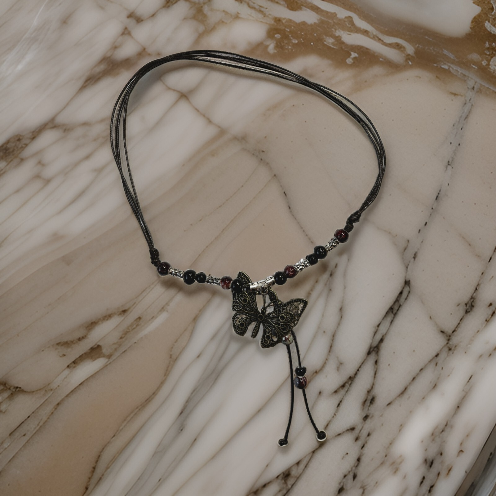 Black White Bead Silver Butterfly Pendant Charm Blessing Vintage Necklace