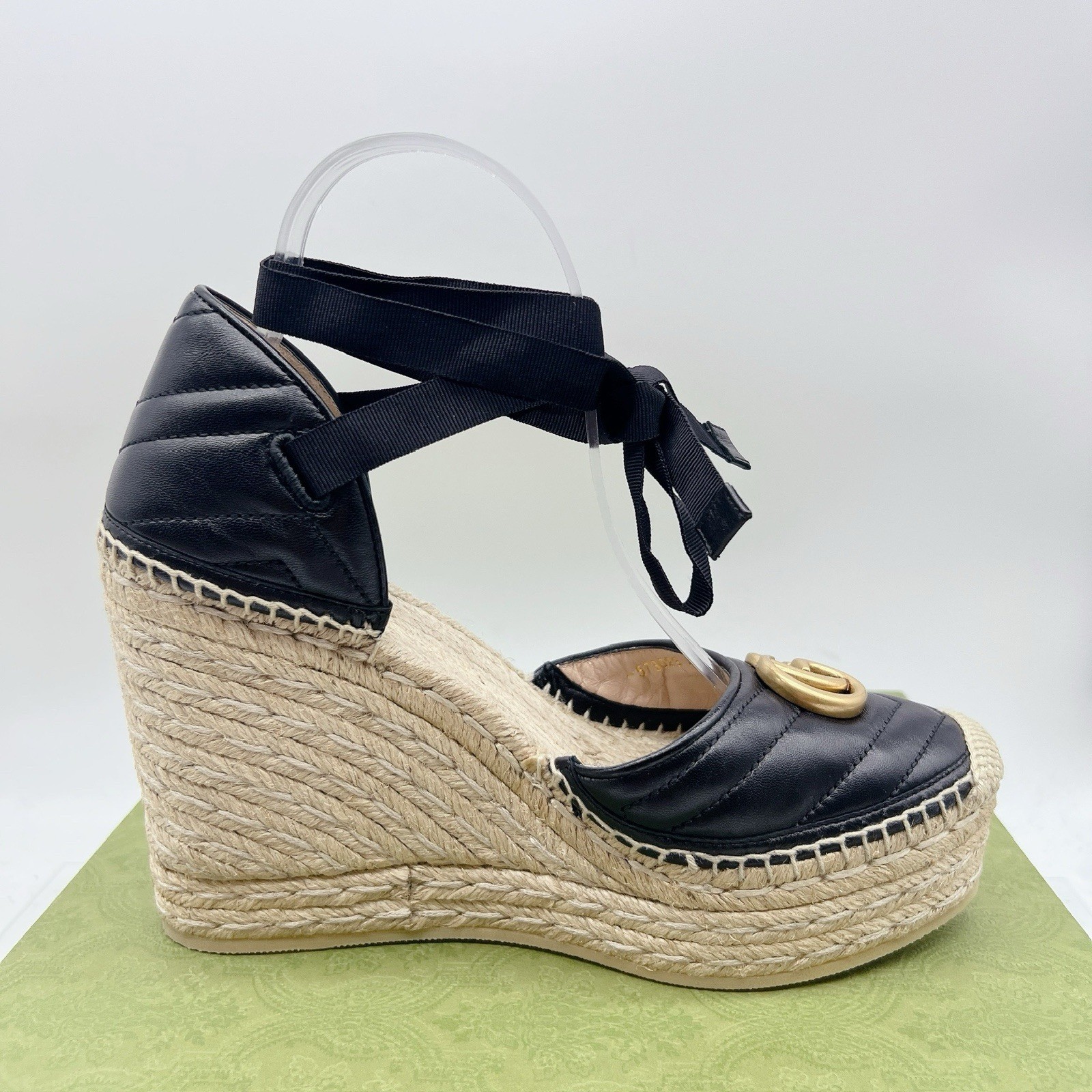 Gucci GG Marmont Platform MATELASSÉ Wedge Heels Espadrille Black Leather EU 40.5