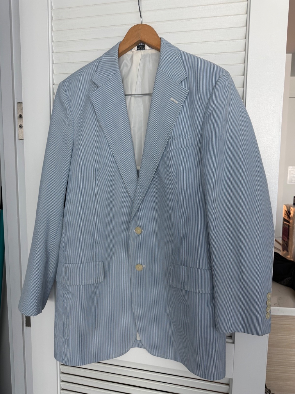 VTG Haspel Seersucker Suit Union Made USA Blue White Pinstripe 32×29 (aprox)