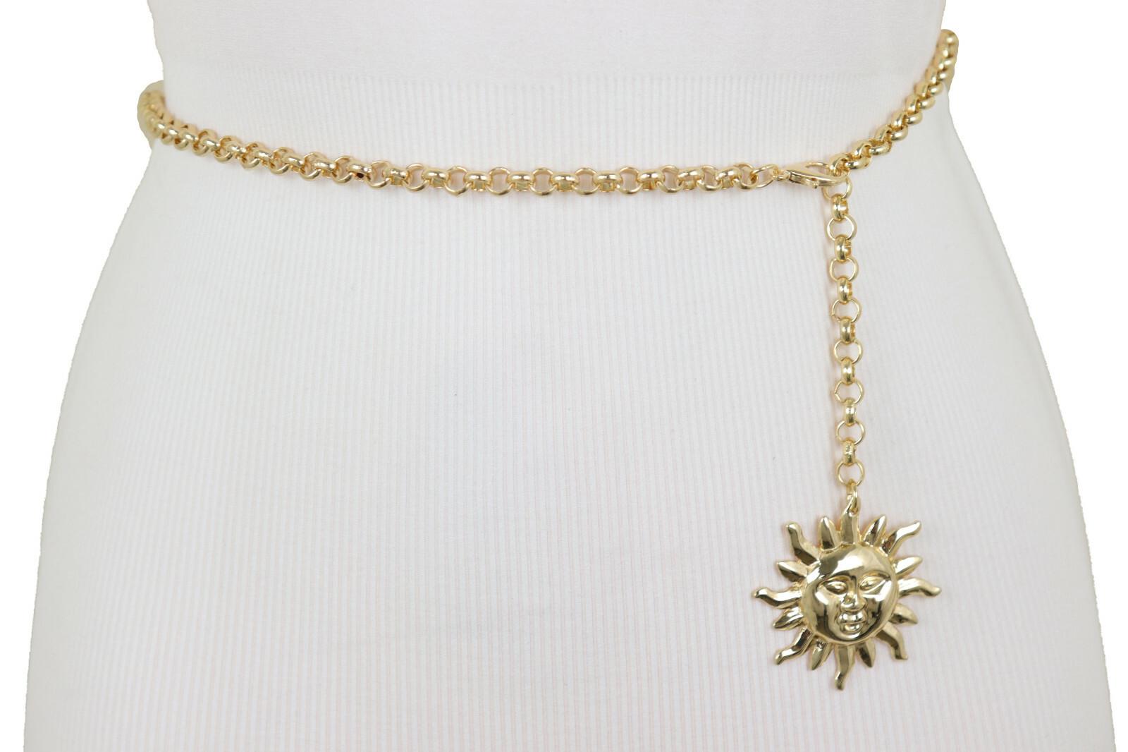 Women Gold Color Metal Chain Links Narrow Belt Adorable Style Sun Charm XS S M