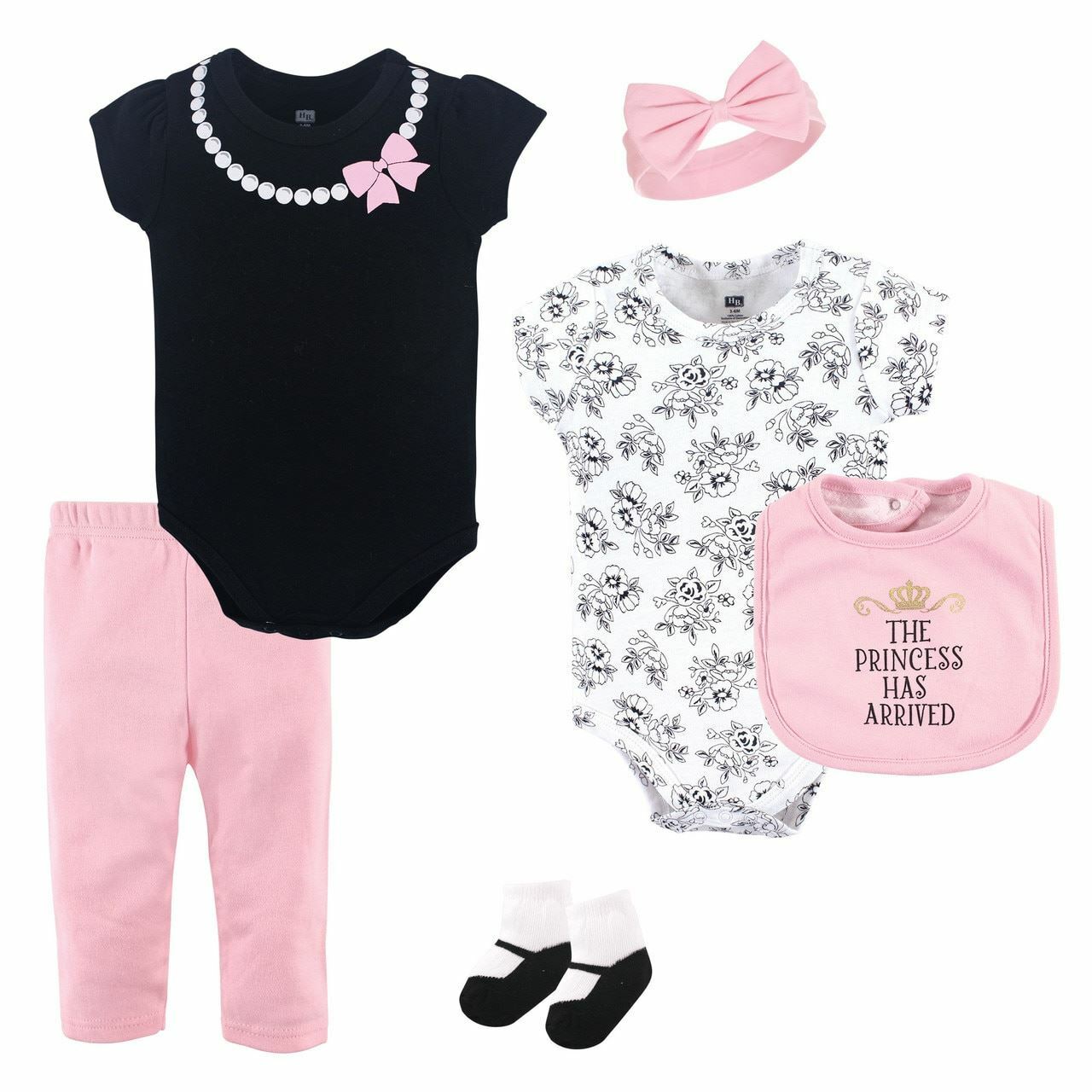 Hudson Baby Bodysuits, Pant, Socks, Bib and Headband, 6-Piece Set, Princess
