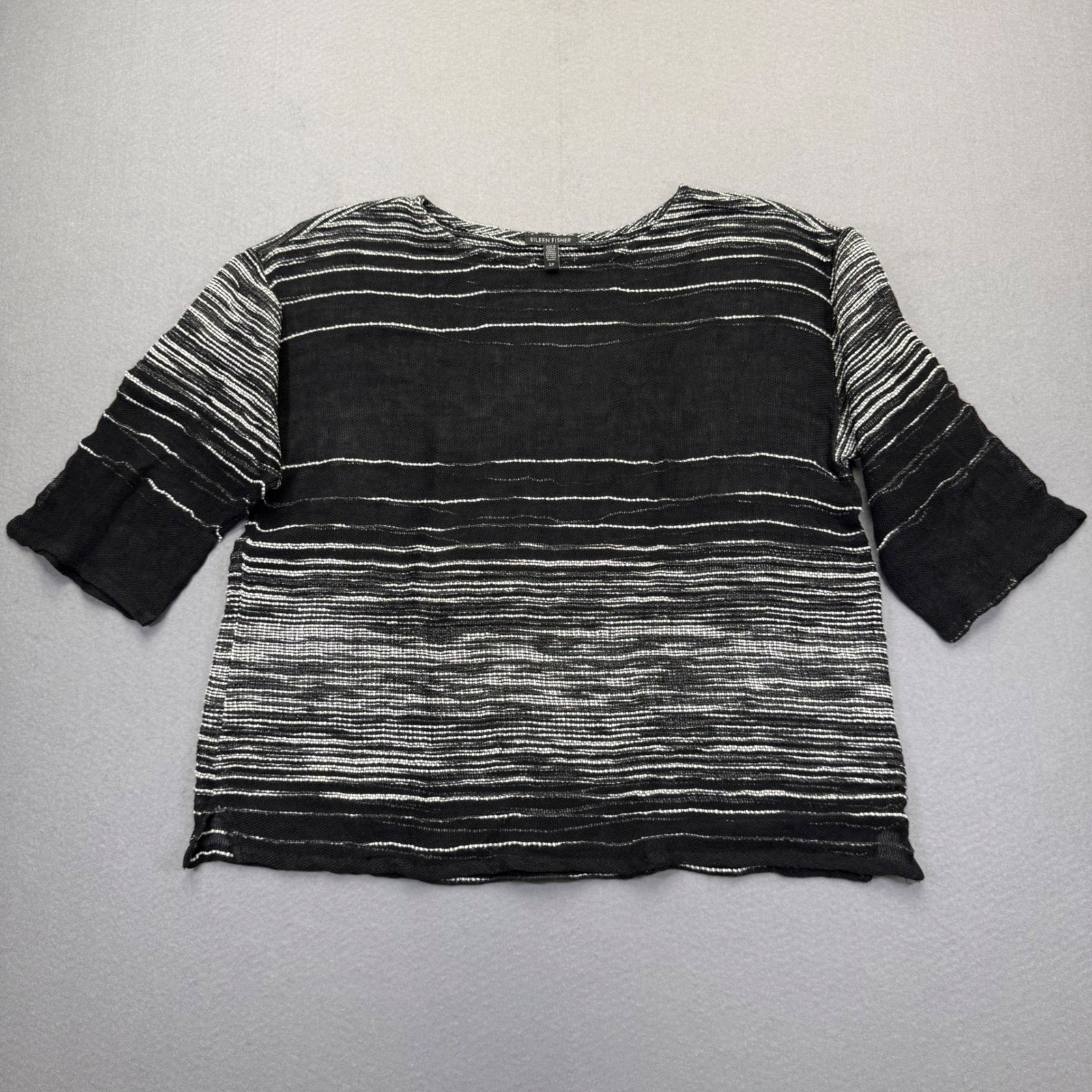Eileen Fisher Organic Linen Blend Striped Boxy Knit Top Black White S/P S18PFA