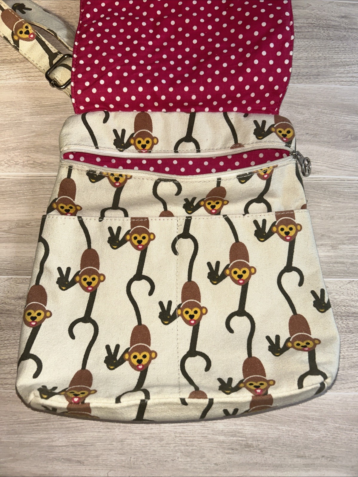 Bungalow 360 Monkey Canvas Cross Body Bag, 55” Strap, Polka Dot Lining, Peace