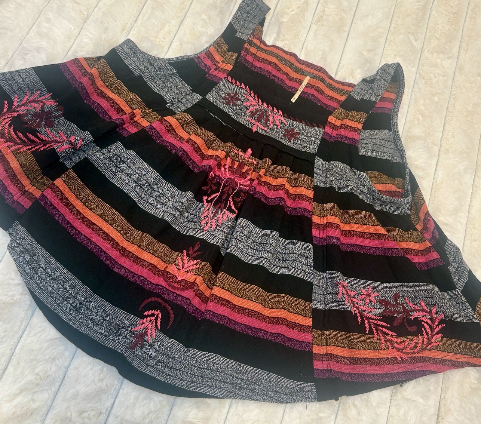 Free People Swing Tank Top Women’s Medium Black Stripe Embroidered Boho Cutout