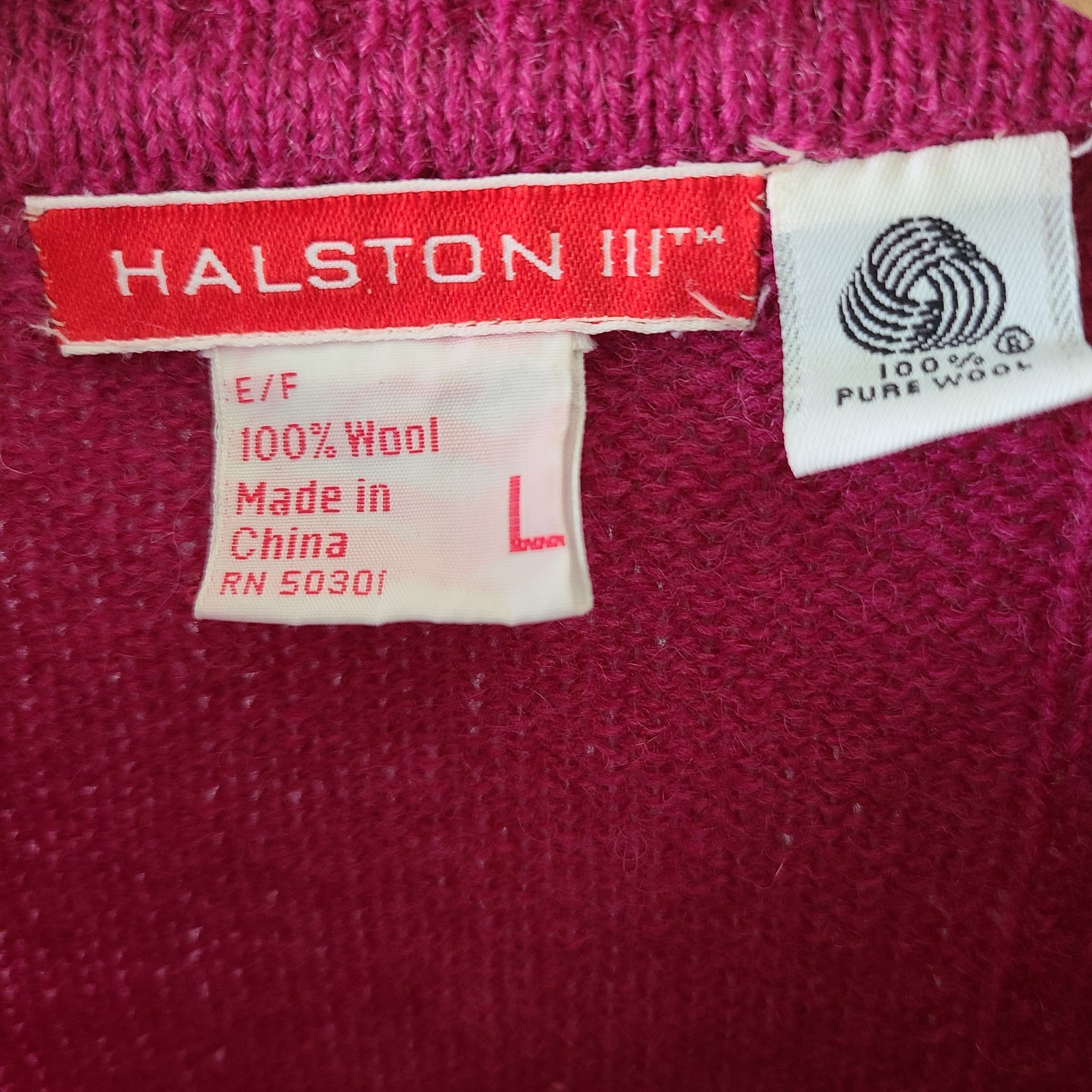 Halston III 100% wool Cardigan Sweater Women’s L Raspberry Red Vintage 1990’s