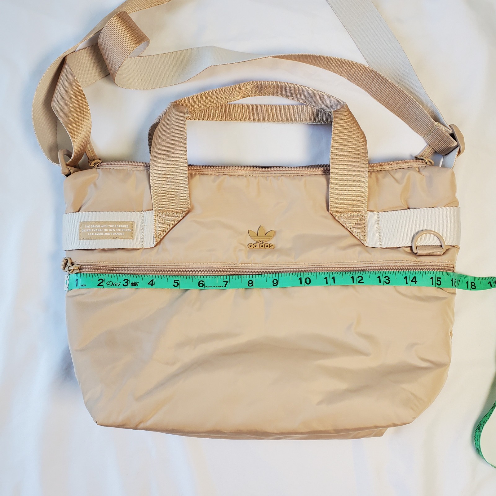 Adidas Stylish Sport Shopper Tote Puffer Travel Gym Bag Tan Beige Zip Top Purse