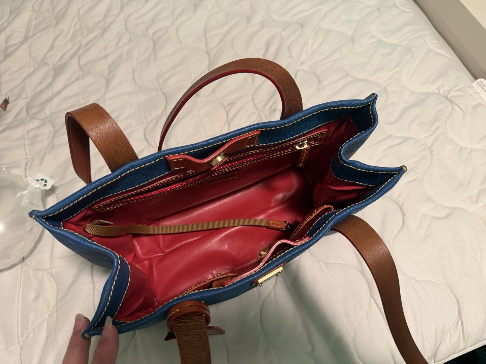 Dooney & Bourke Medium Blue Tote, Brown Double Handles, Zip, Charm, Red Lining