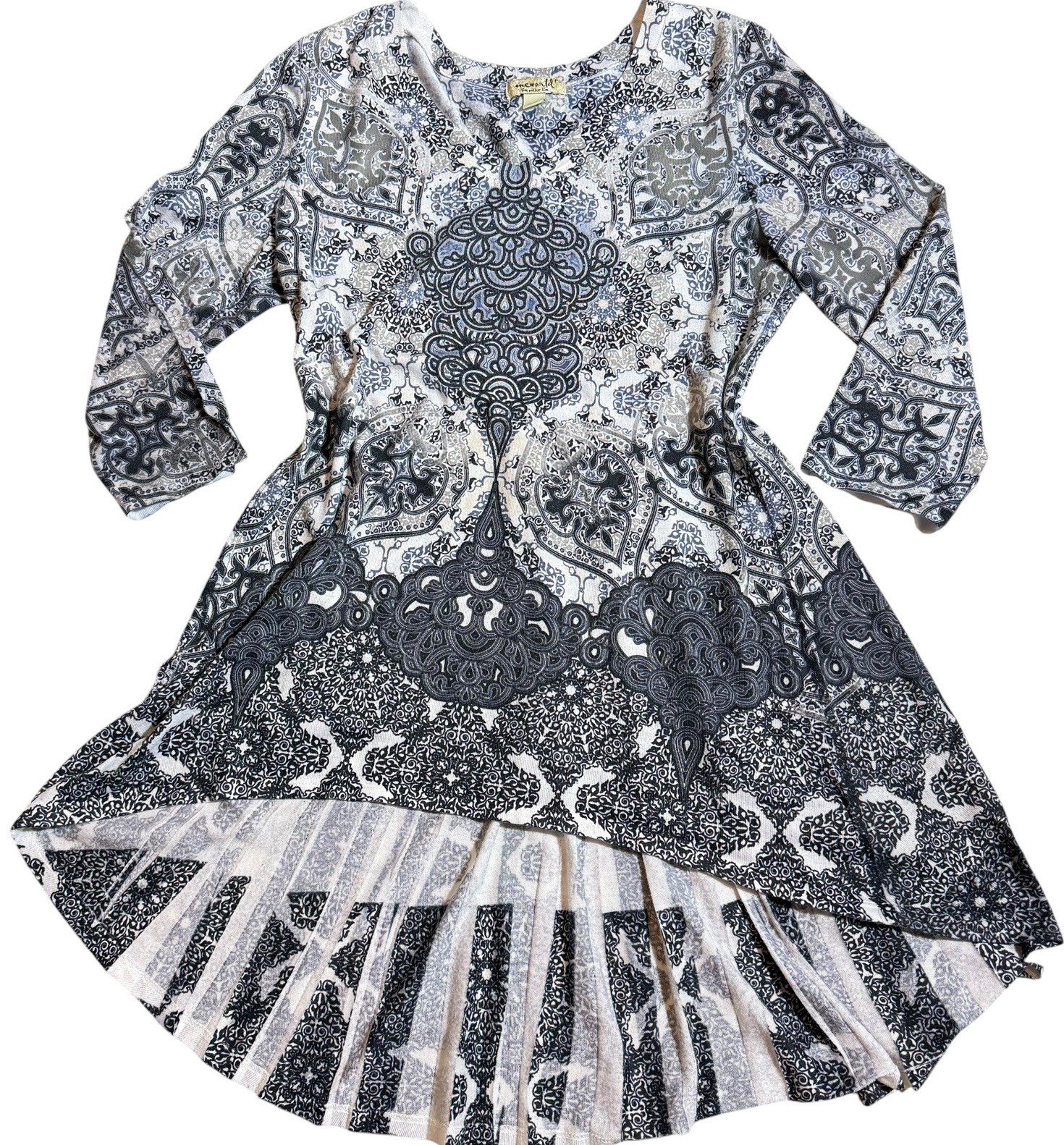 One World Paisley Rhinestone High Low Tunic Boho Hippie Top Size PL Whimsigoth