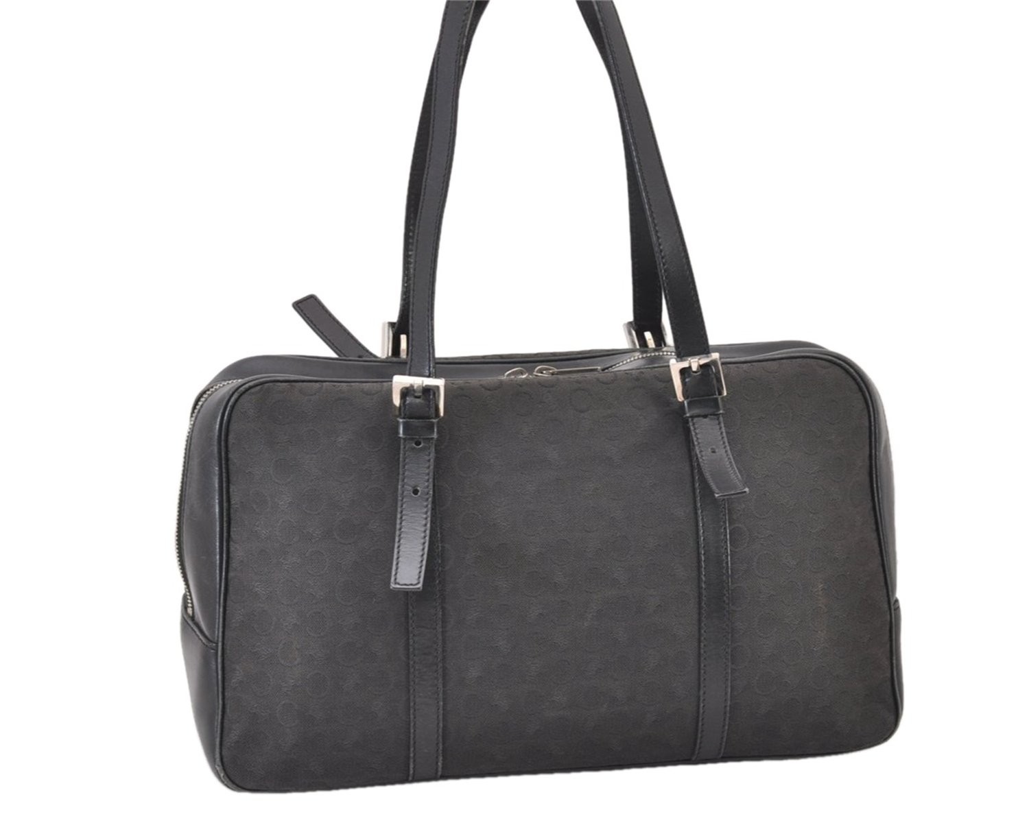Authentic CELINE C Macadam Blason Shoulder Tote Bag Canvas Leather Black 423AB