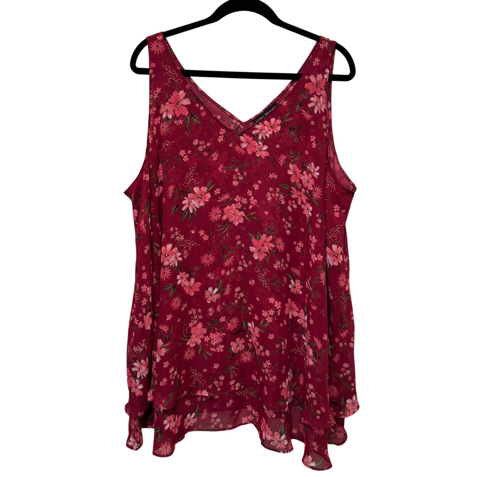 Lane Bryant Womens Blouse 22L Burgundy Pink Floral Tiered Chiffon Boho V-Neck