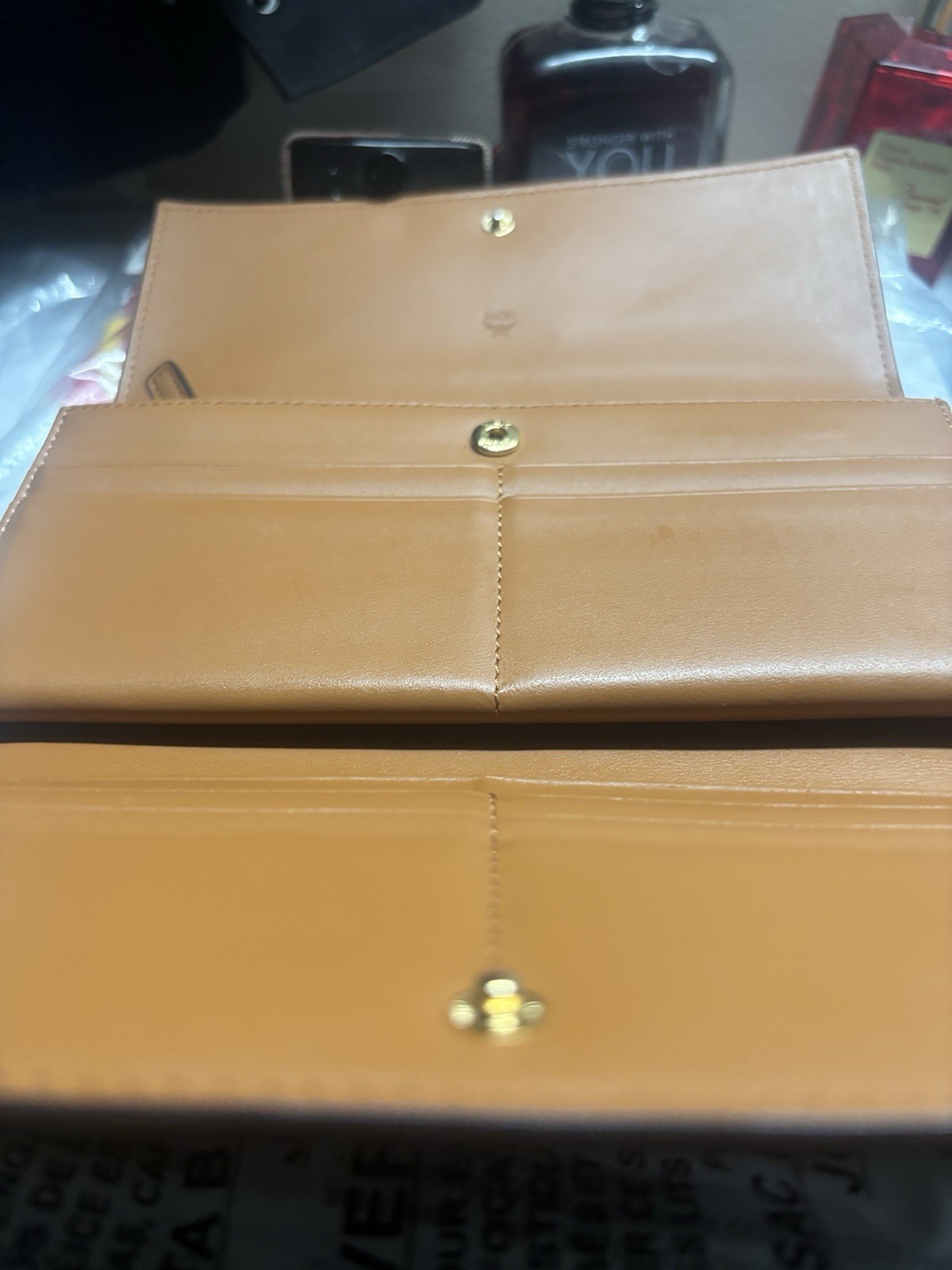 Authentic MCM Large Tri Fold Wallet in Visetos Original Cognac