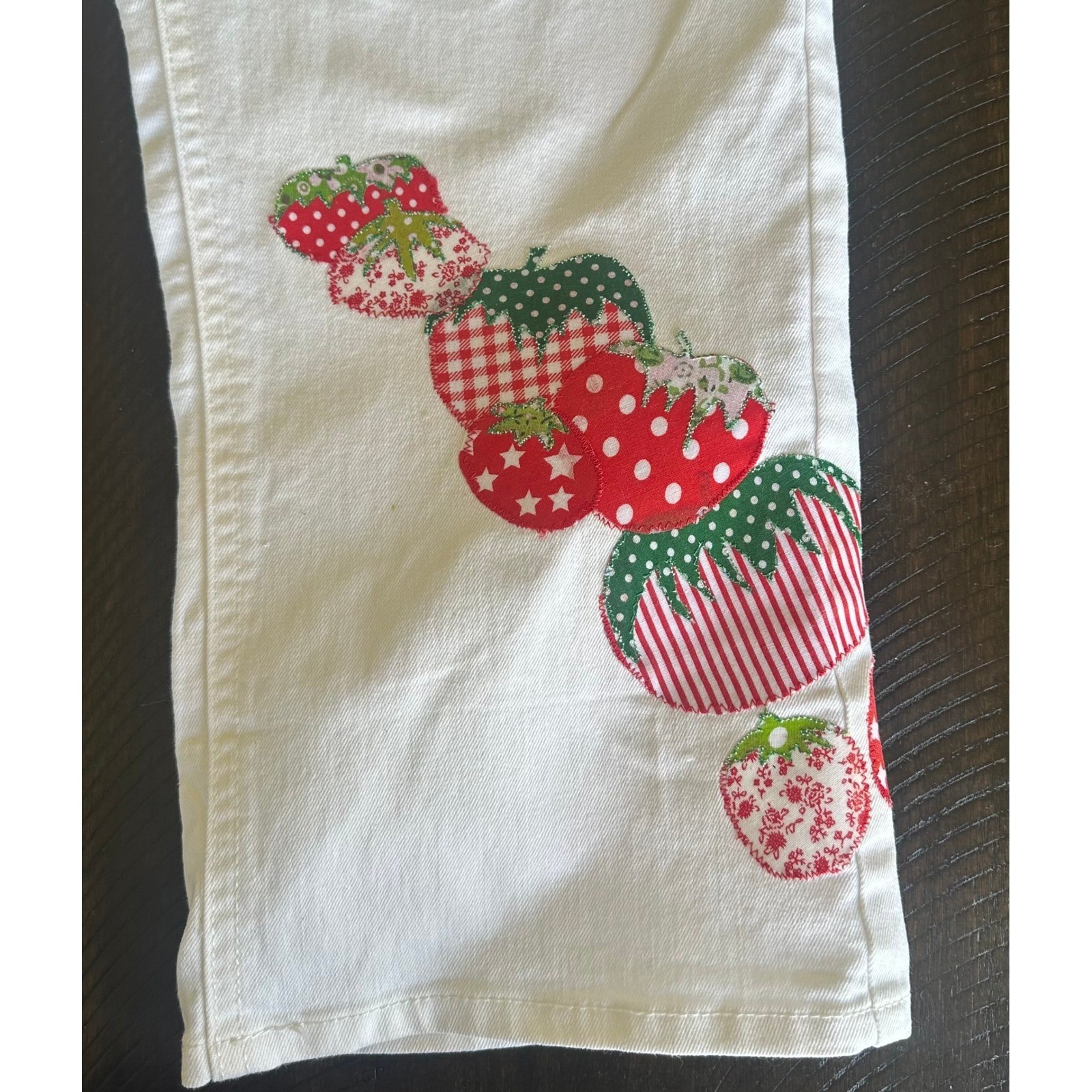 Frye Upcycled Artisan Strawberry Patchwork White Denim Jeans Cottagecore