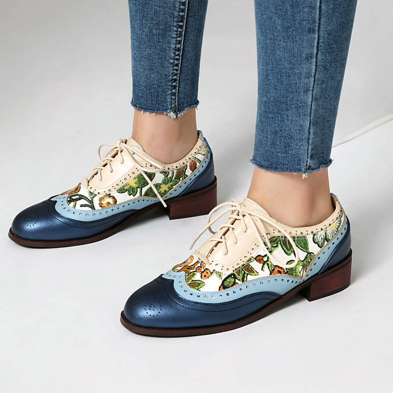 Women’s Ethnic Oxfords Colorblock Patchwork Shoes Floral Two Tone Low Heel Pumps