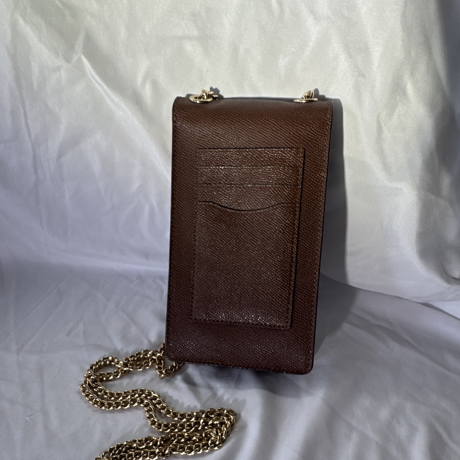 Coach Brown Crossbody Phone Bag, Snap Closure, Gold Chain Strap, Logo Accent