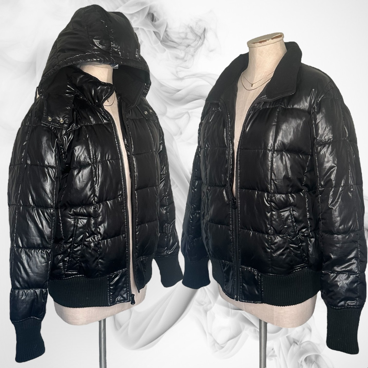’94 Vintage OLD NAVY Quilted Puffer Jacket Gloss Removable Hood Coat Black XL