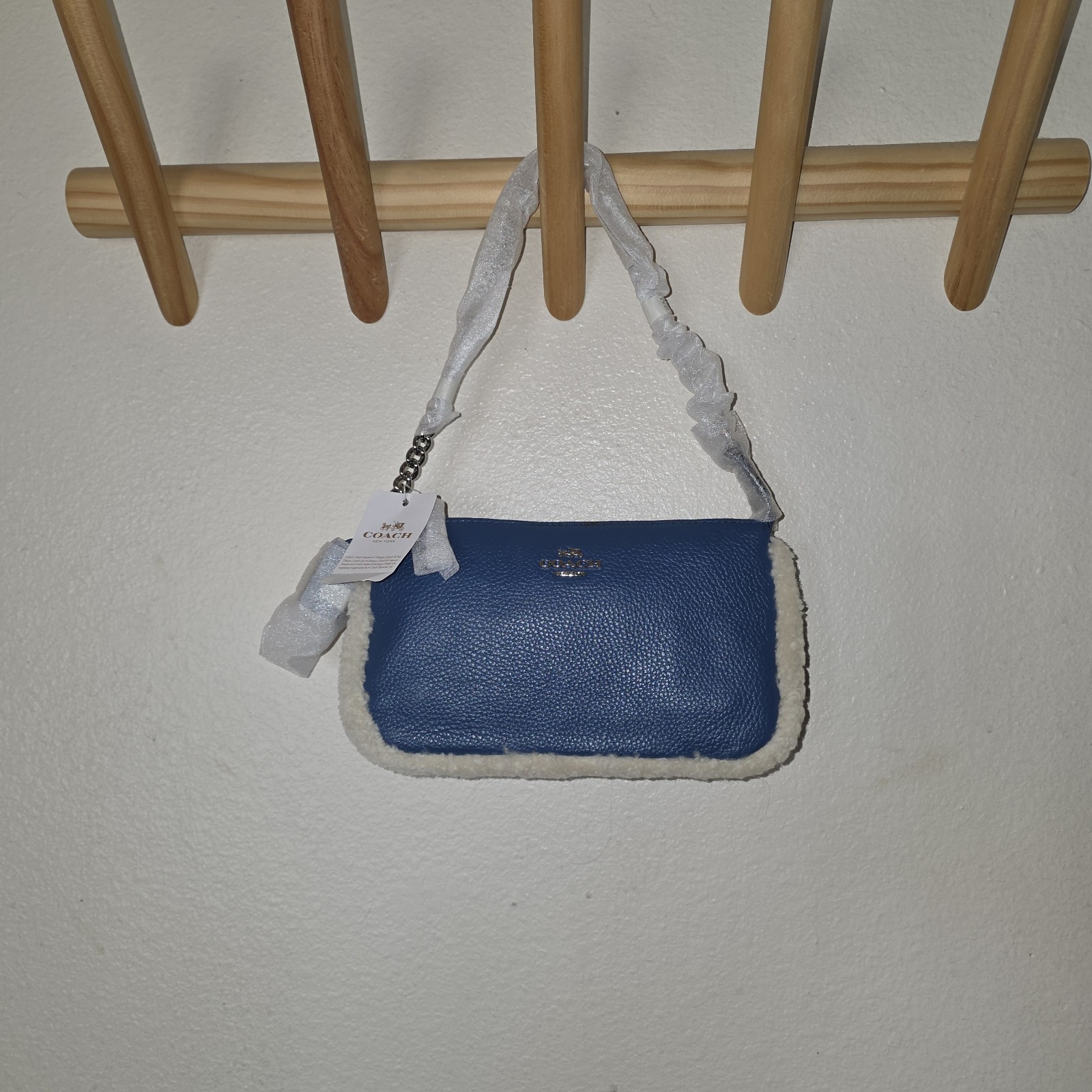 Coach Nolita 19 Shearling Blue Pebble Leather Wristlet Chain Bag NWT