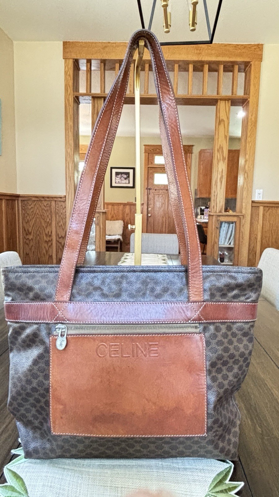 Authentic Celine Vintage Macadam Tote Brown Monogram Canvas Leather Italy Bag